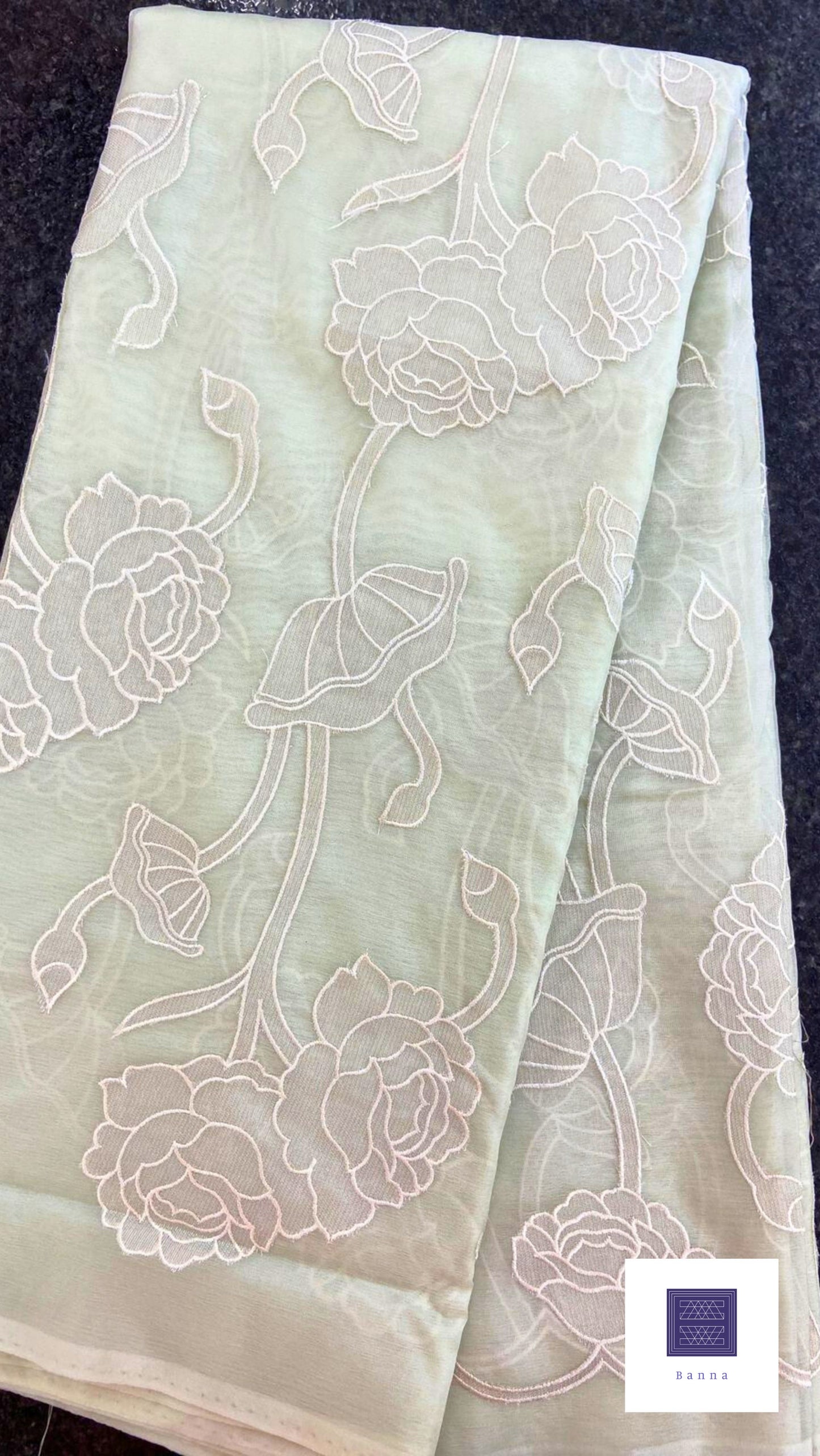 Organza Appliqué Floral Saree - Pastel Pista