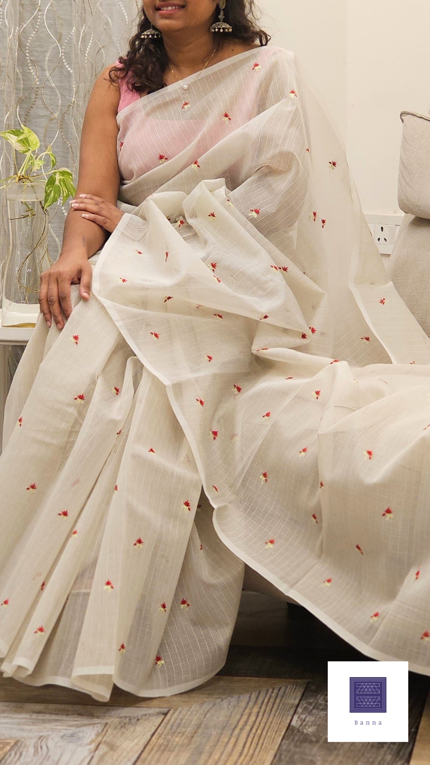 Kota cotton saree with floral embroidery - Off white