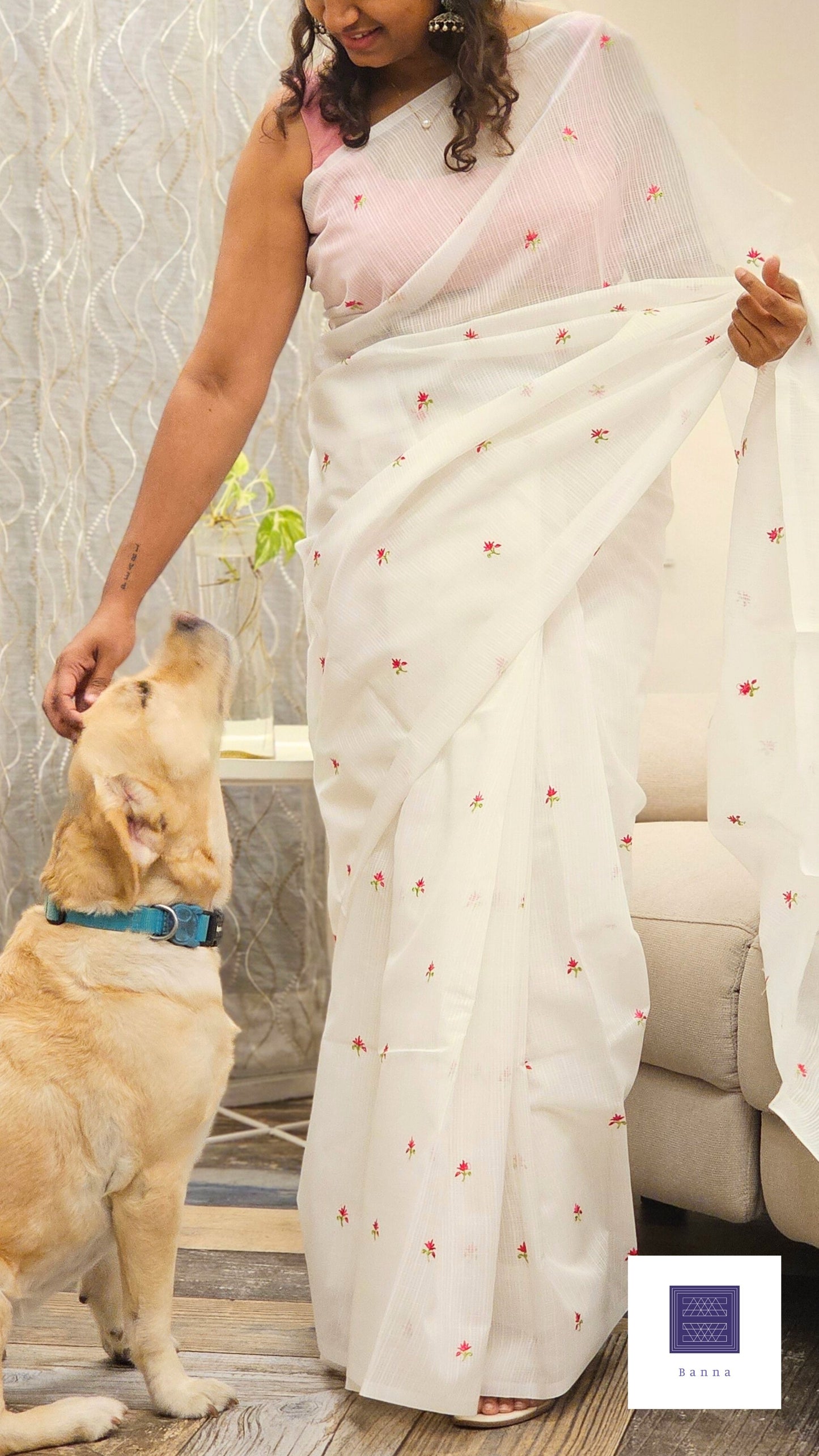 Kota cotton saree with floral embroidery - White