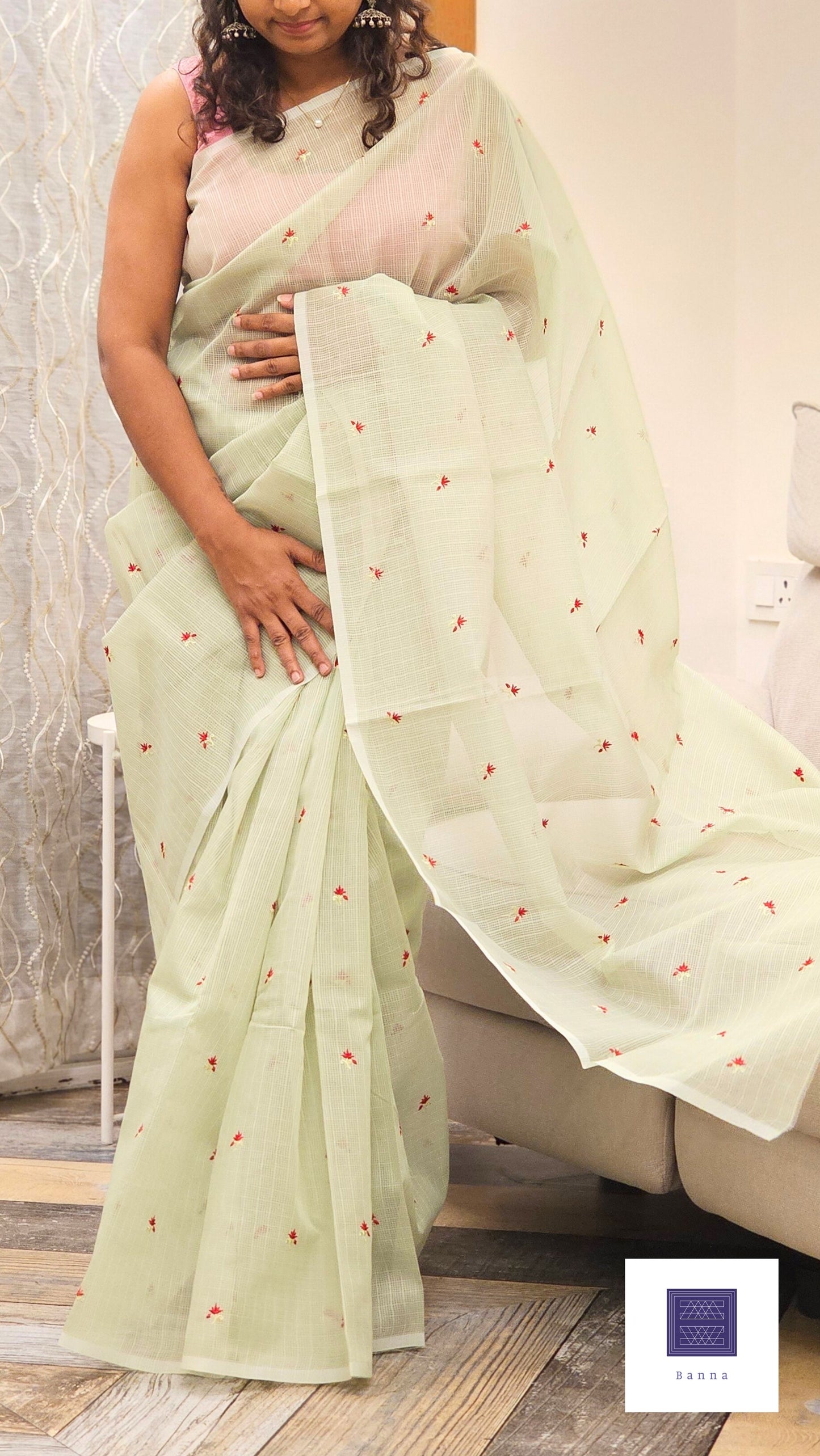 Kota cotton saree with floral embroidery - Pastel Green