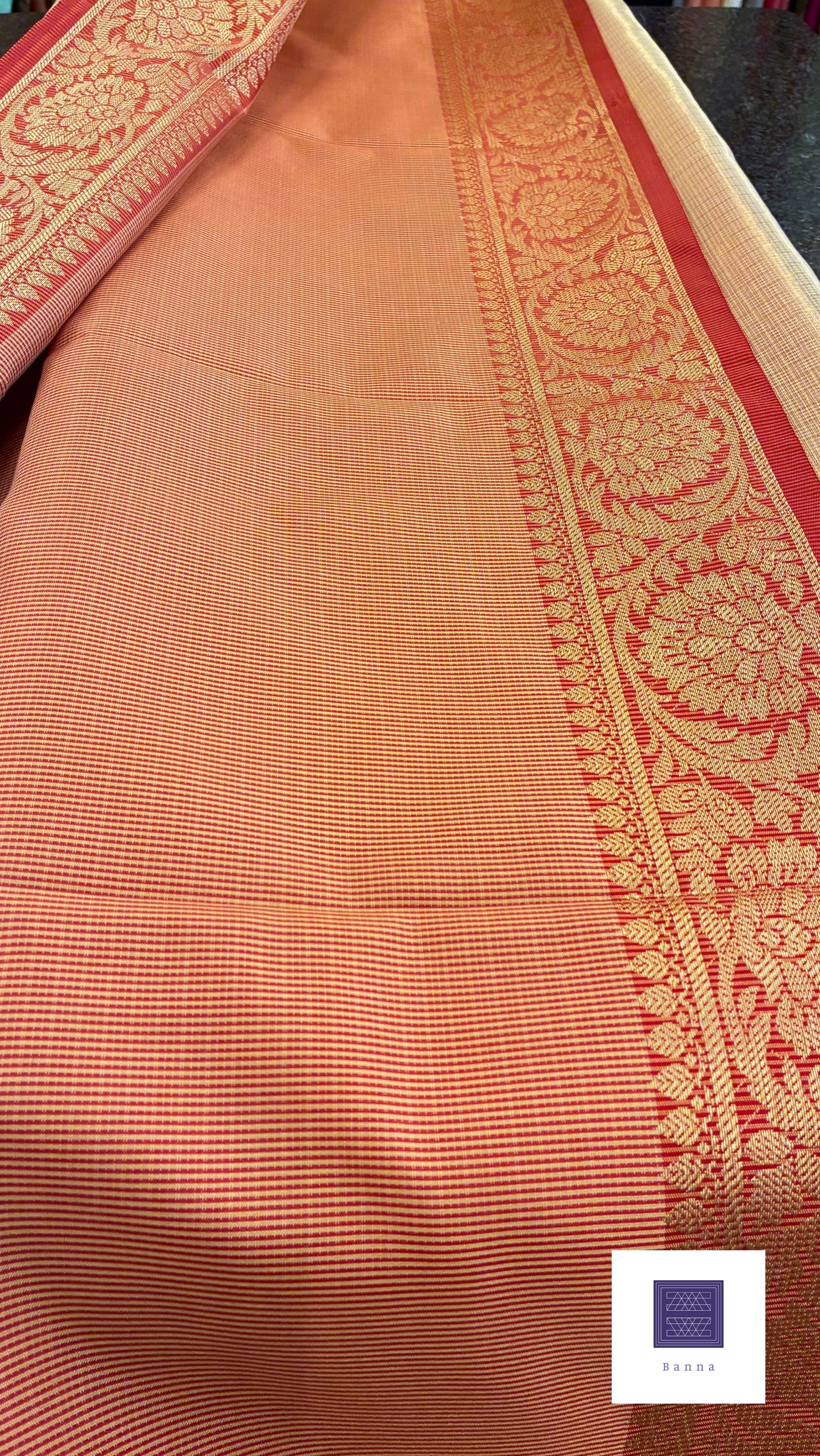 Traditional Kota tissue saree with Red border - Cream