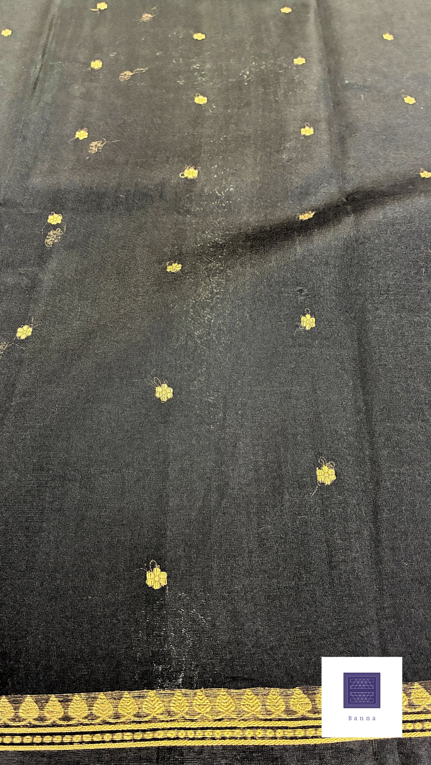 Pure Kora Silk with simple border and small buttas - Black