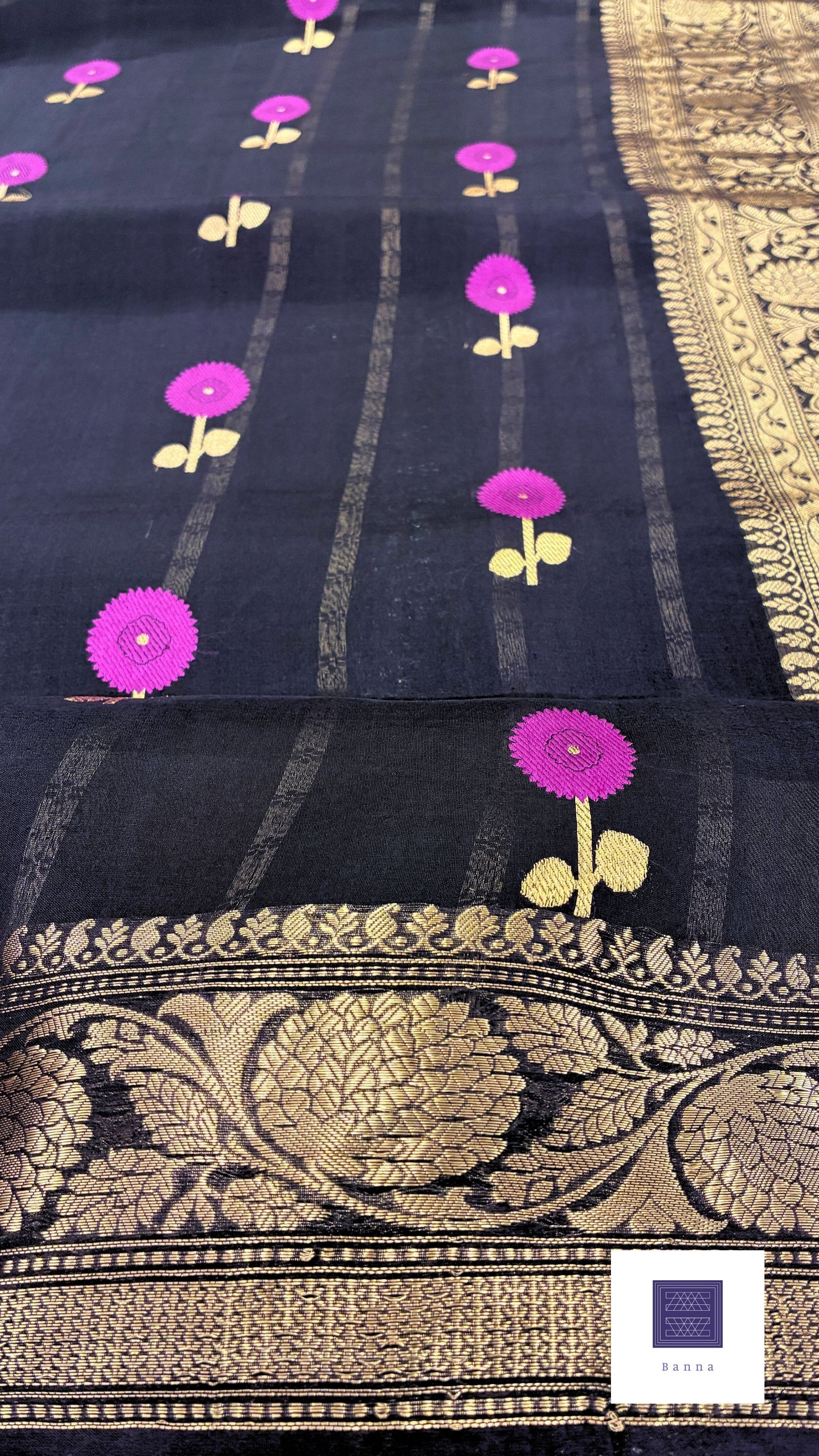 Pure Kora Silk with gold floral weaving - Black