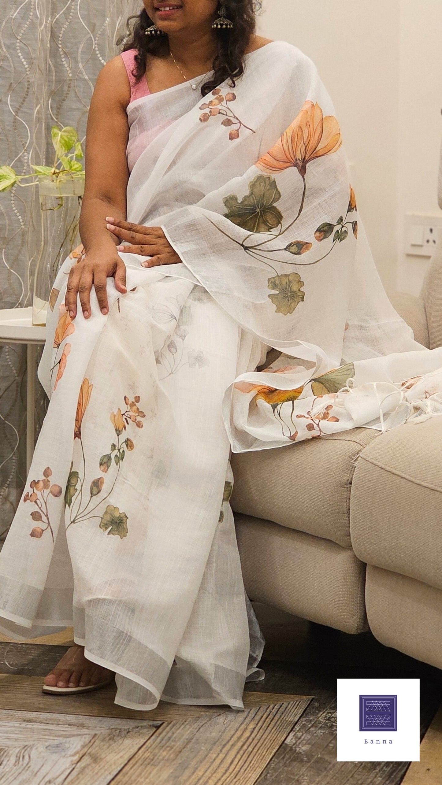 Floral Linen Saree - White Green Orange