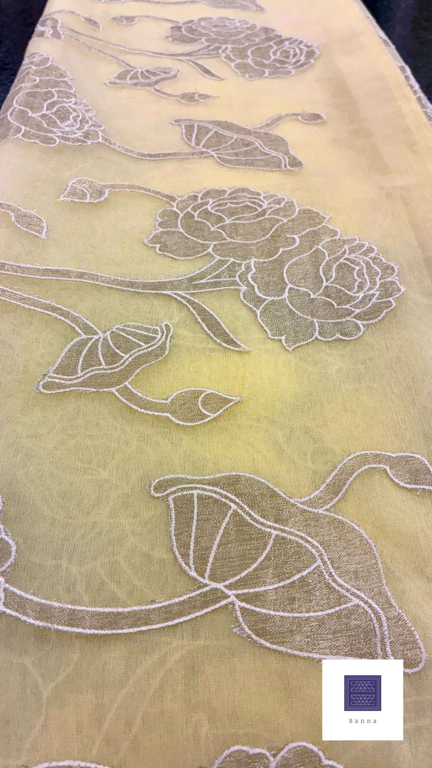 Organza Appliqué Floral Saree - Pastel Yellow