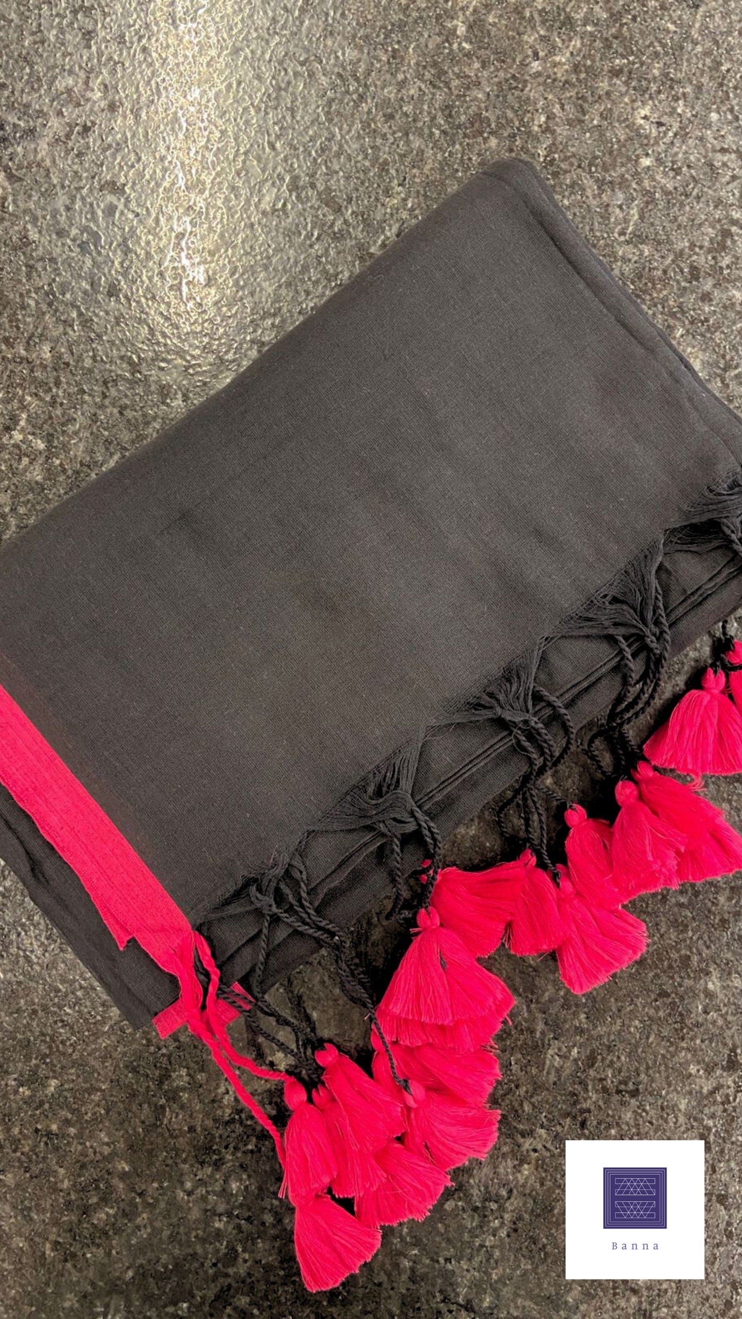 Soft Mul Cotton saree - Black with pink border
