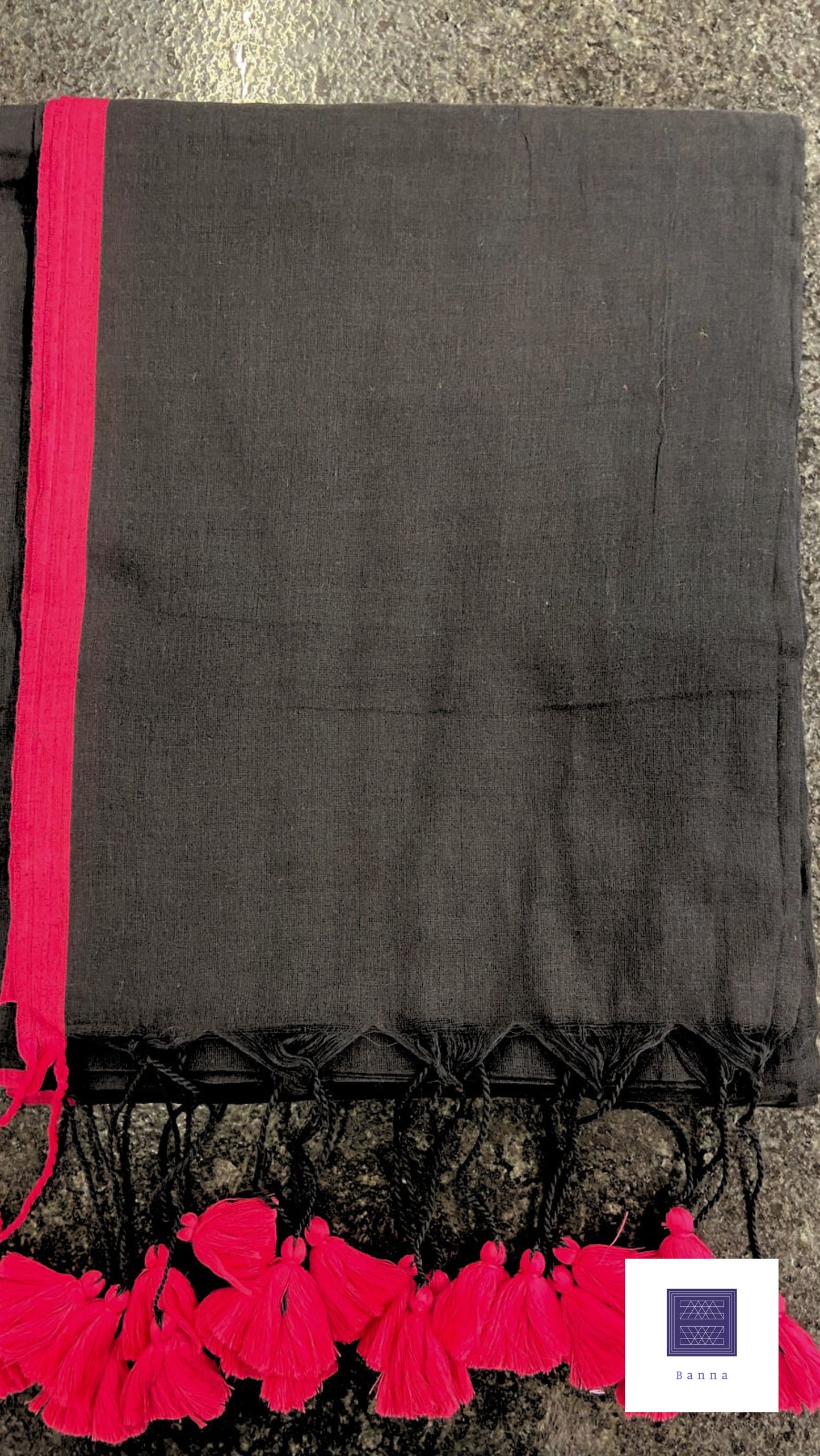 Soft Mul Cotton saree - Black with pink border