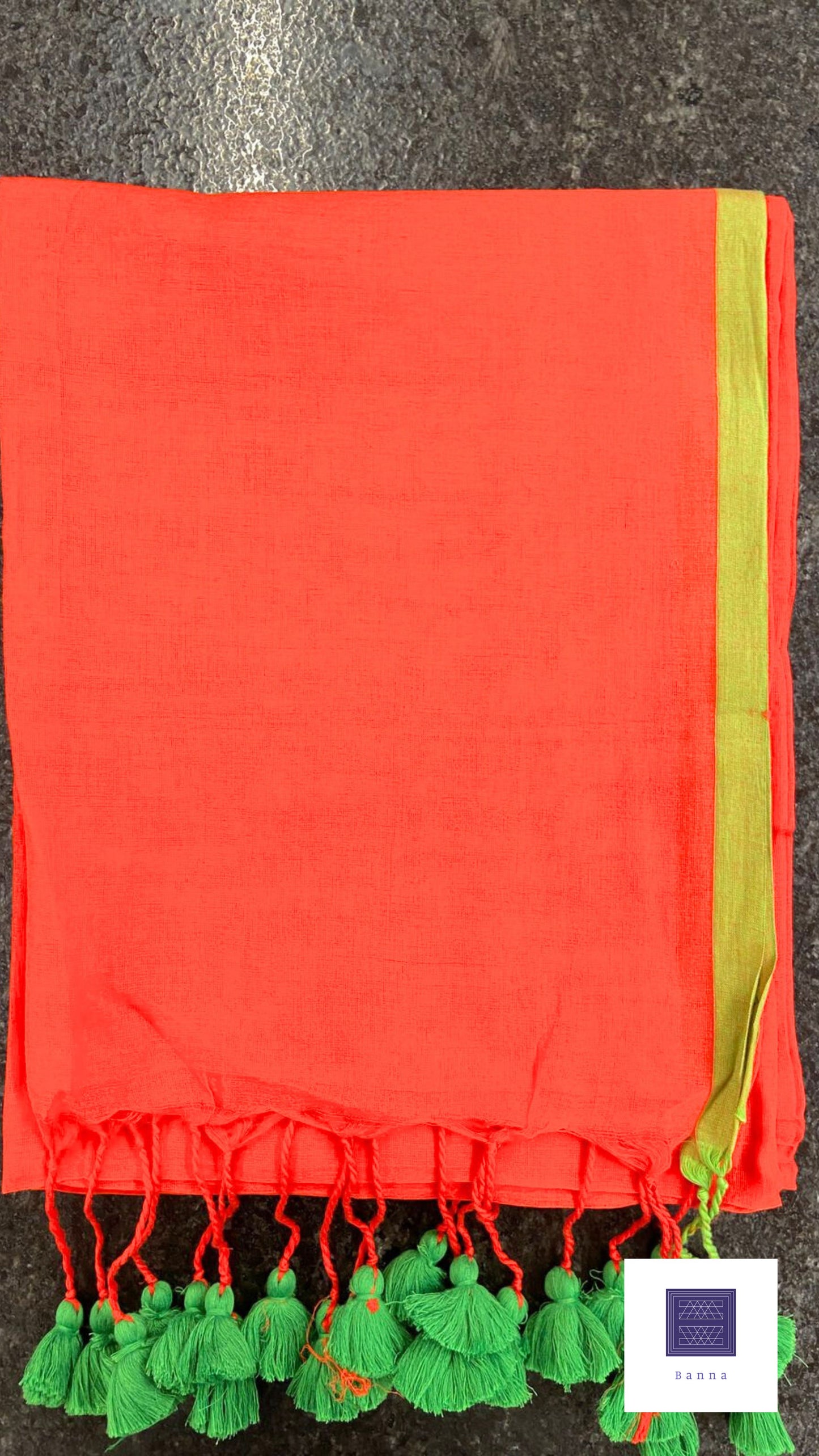 Soft Mul Cotton saree - Bright Orangish Red with green border