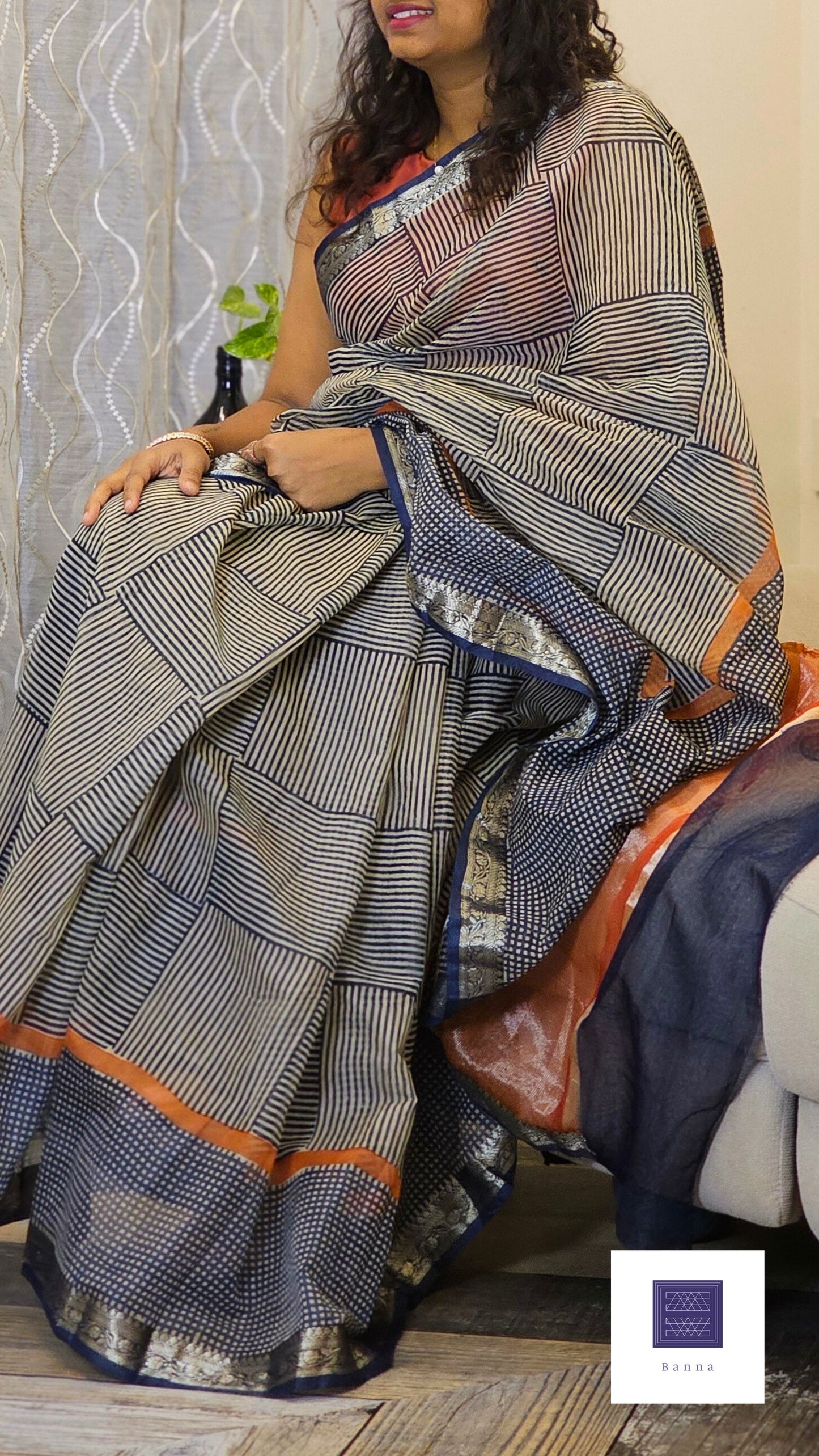 Cotton Saree with Handblock Prints - Indigo and Orange