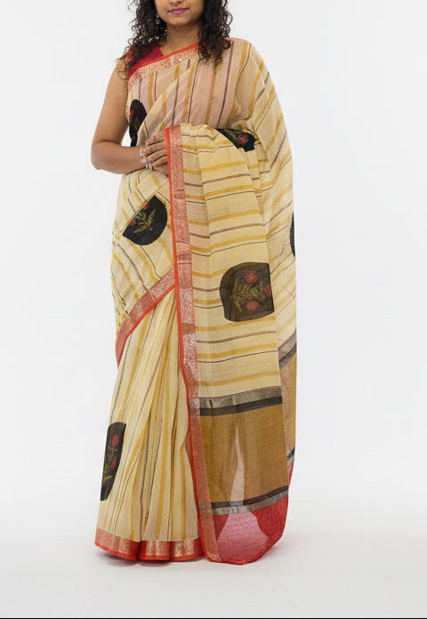 Cotton Saree with Handblock Prints - Cream and Orange with vertical lines