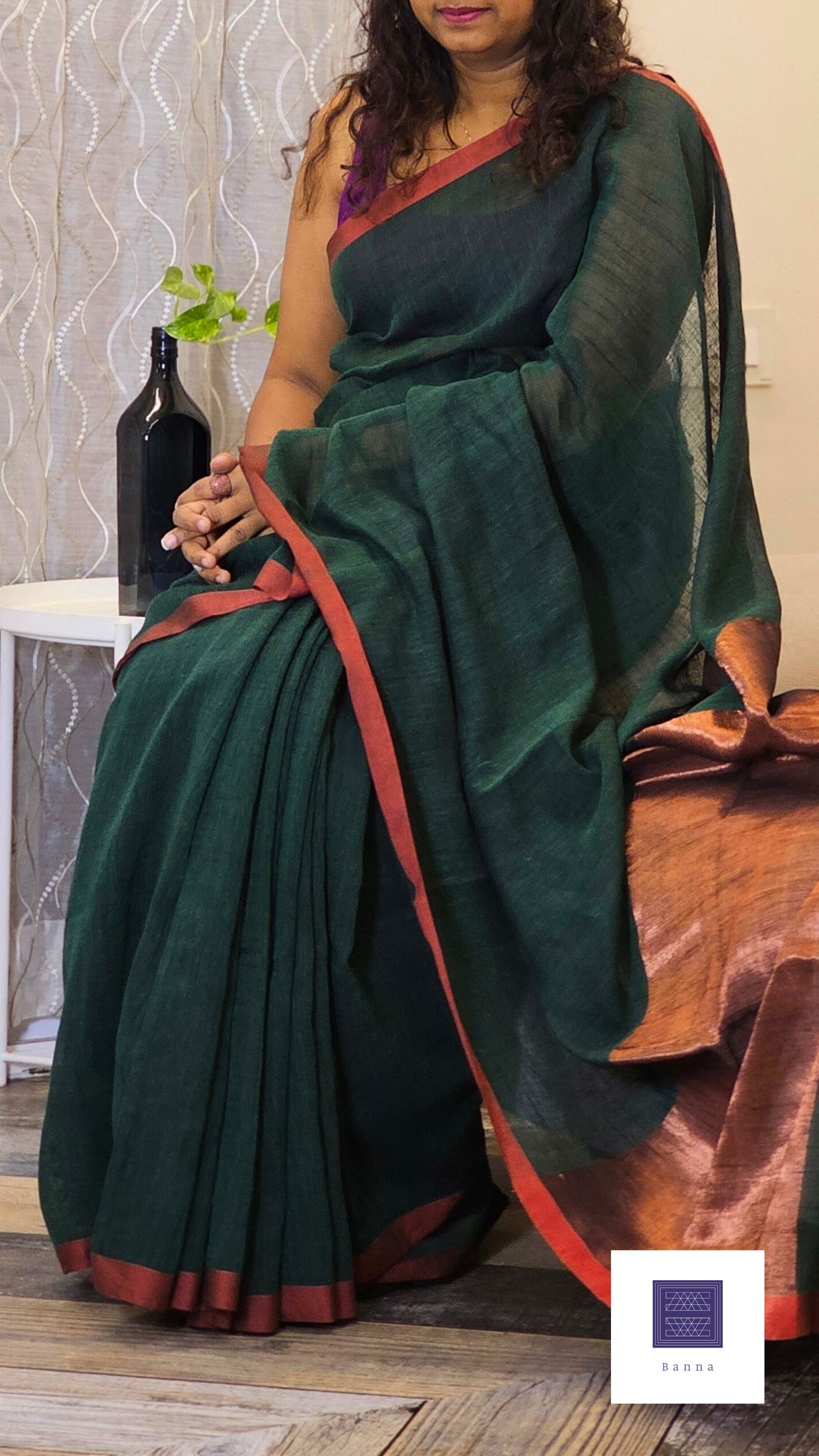 Linen Saree - Green and Copper