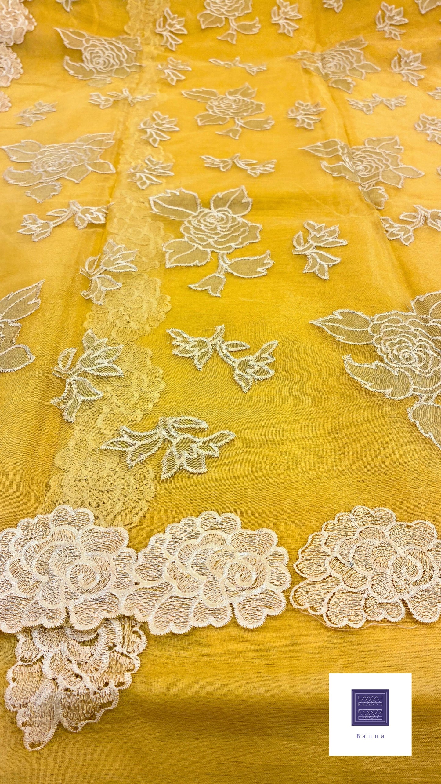 Organza Appliqué Floral Saree with embroidery and cut work - Yellow