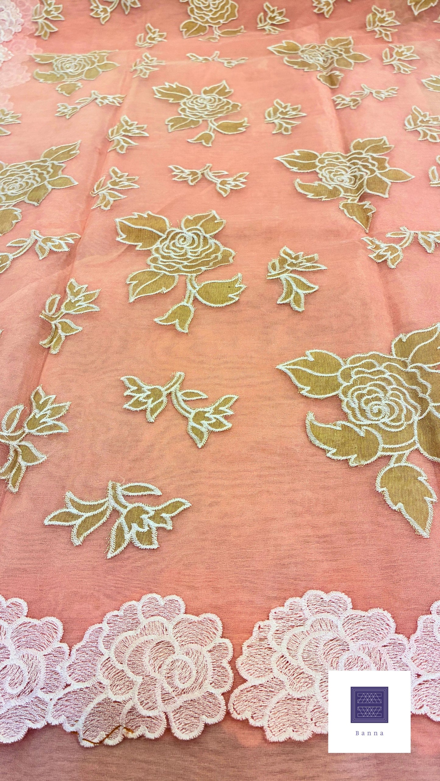 Organza Appliqué Floral Saree with embroidery and cut work - Baby Pink