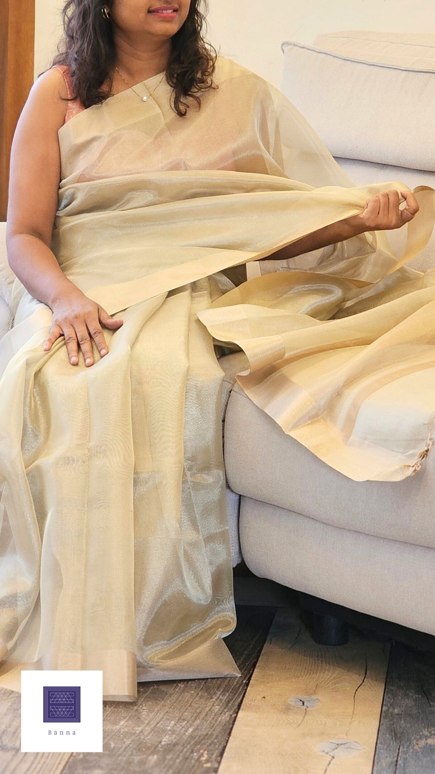 Precious as Gold - Green with Gold and Silver lines in Pallu