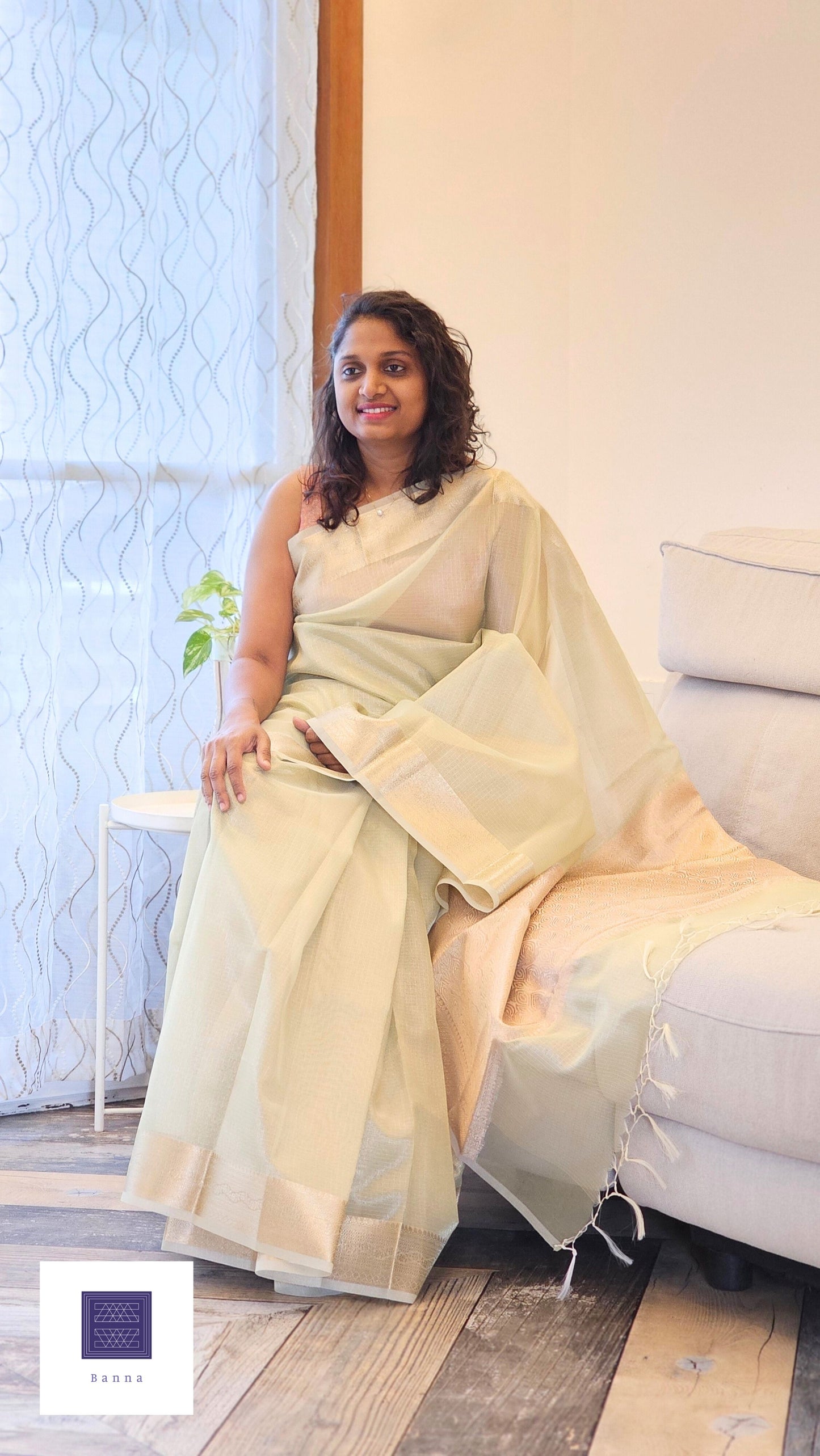 Kota Tissue Saree with Banarasi Border - Pastel Green