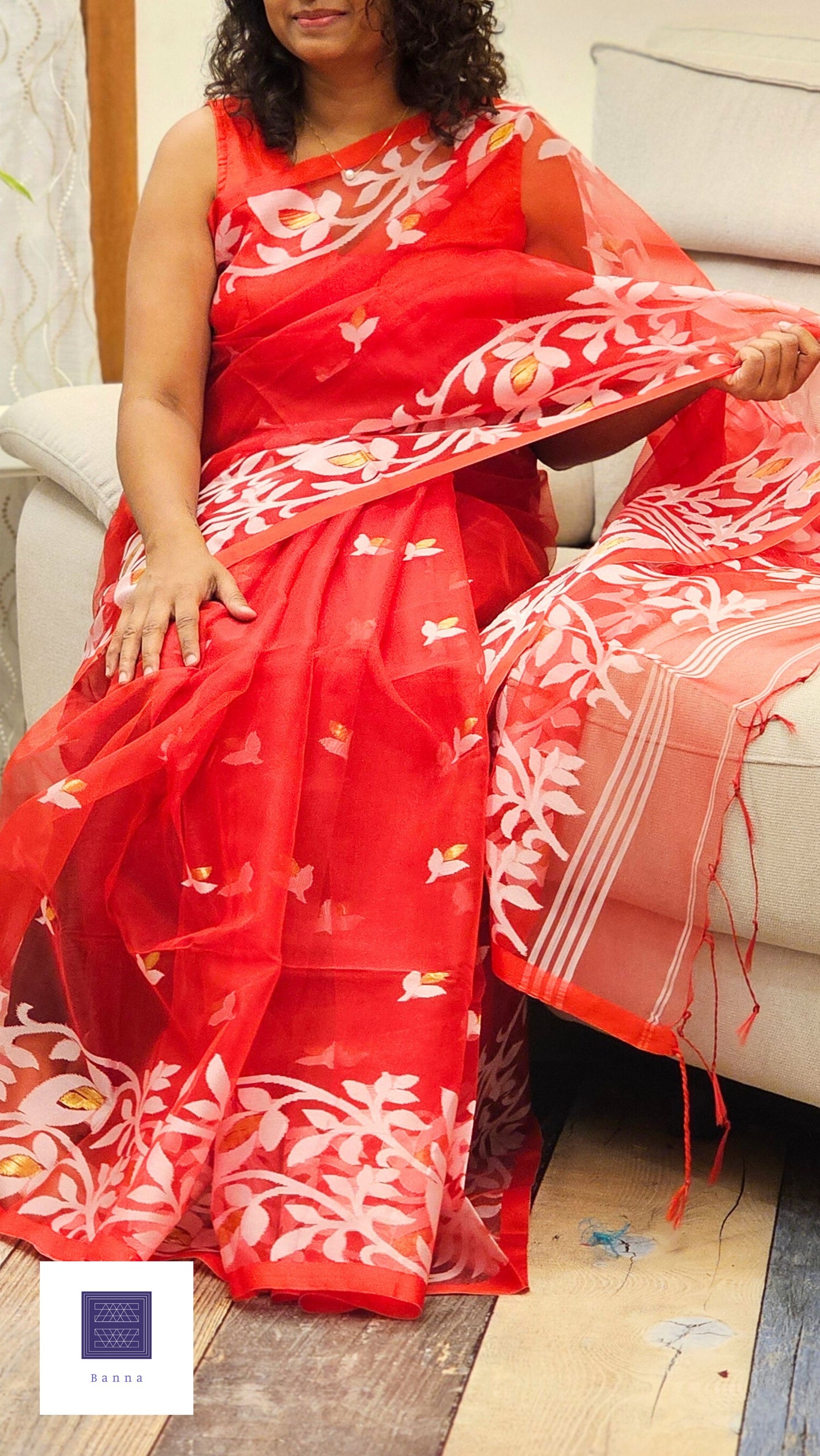 Pure Muslin Jamdhani Silk Saree - Red