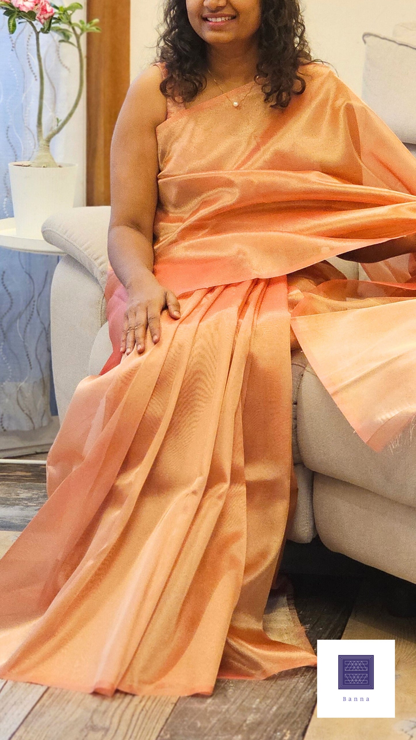 Plain Tissue Saree - Peachish Pink
