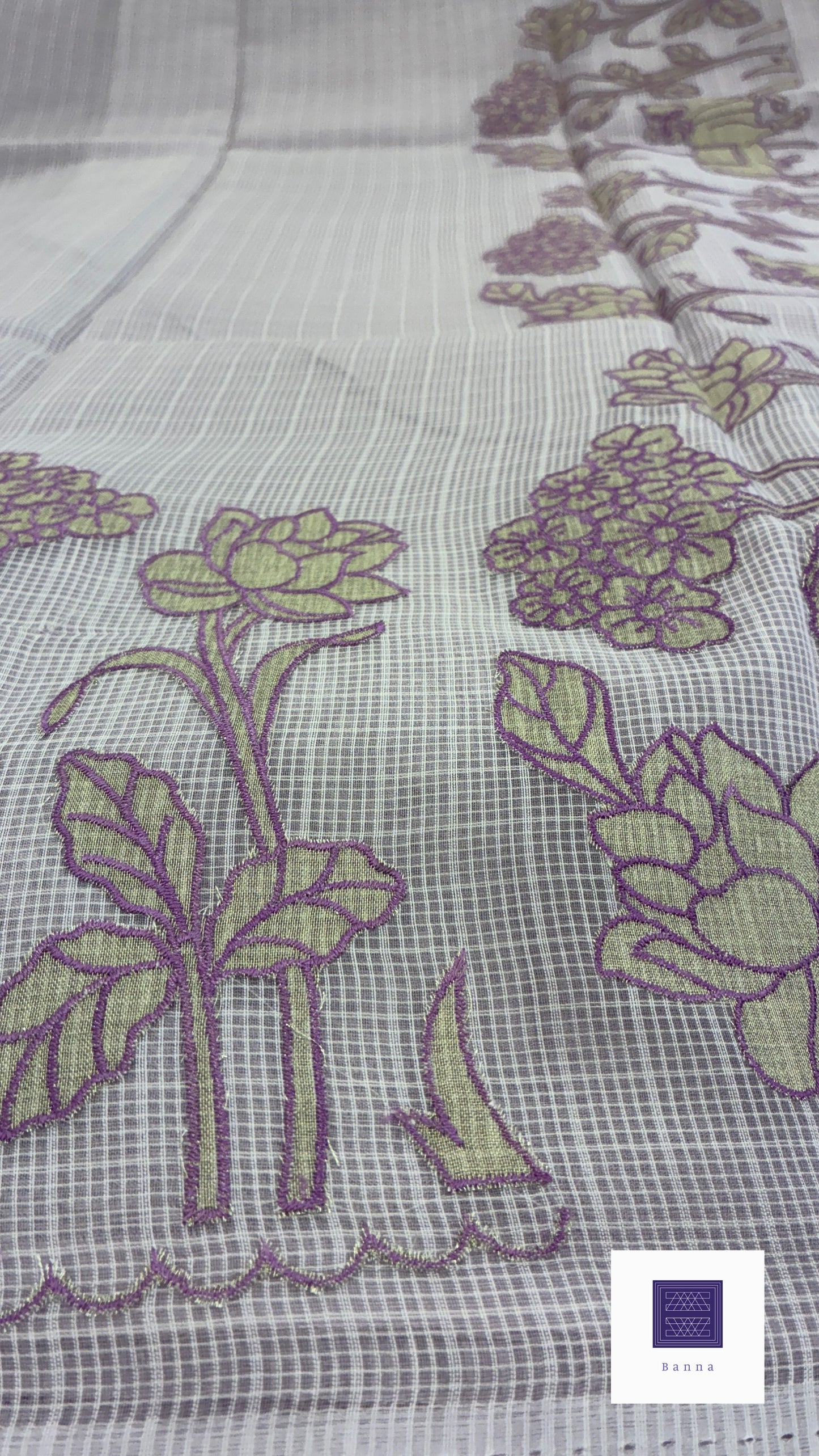 Kota cotton saree with floral embroidery and appliqué - Lavender