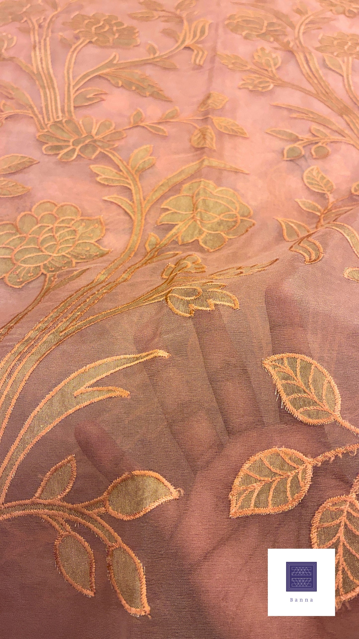 Organza Appliqué Floral Saree - Peach and Gold