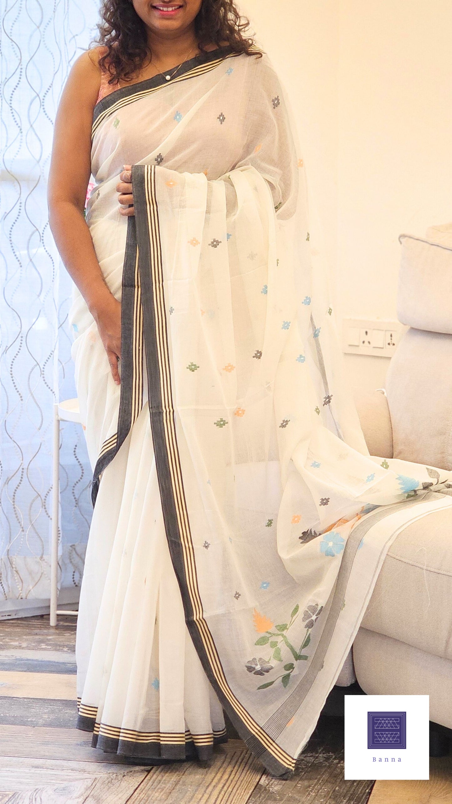 Pure Jamdani Cotton saree - Cream