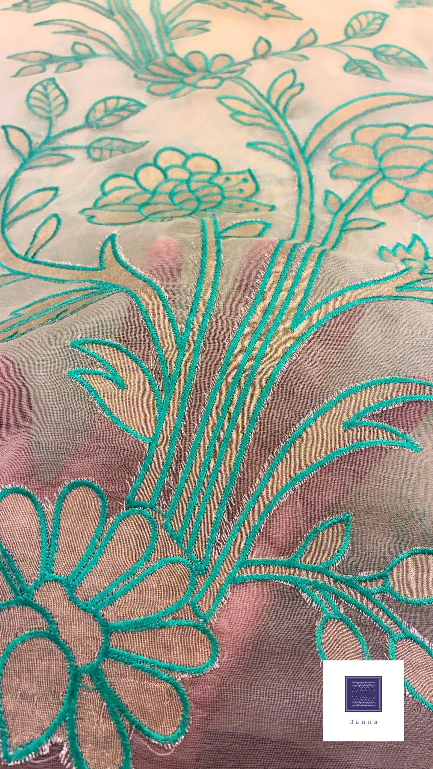 Organza Appliqué Floral Saree - Cream and Cyan