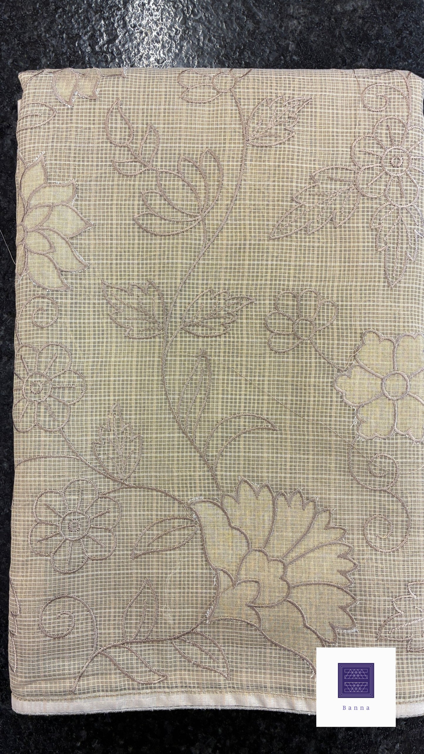 Kota cotton saree with floral embroidery and appliqué - Dark beige