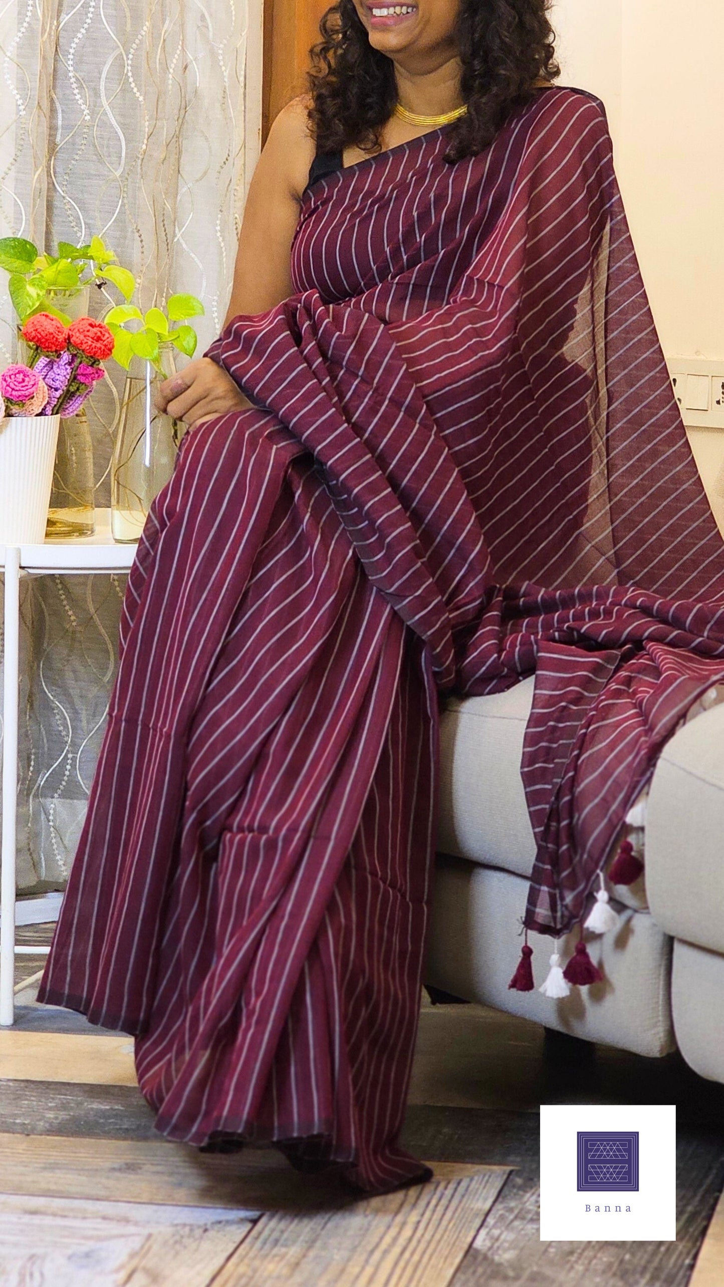 Soft Mul Striped Cotton saree - Dark Purple wine