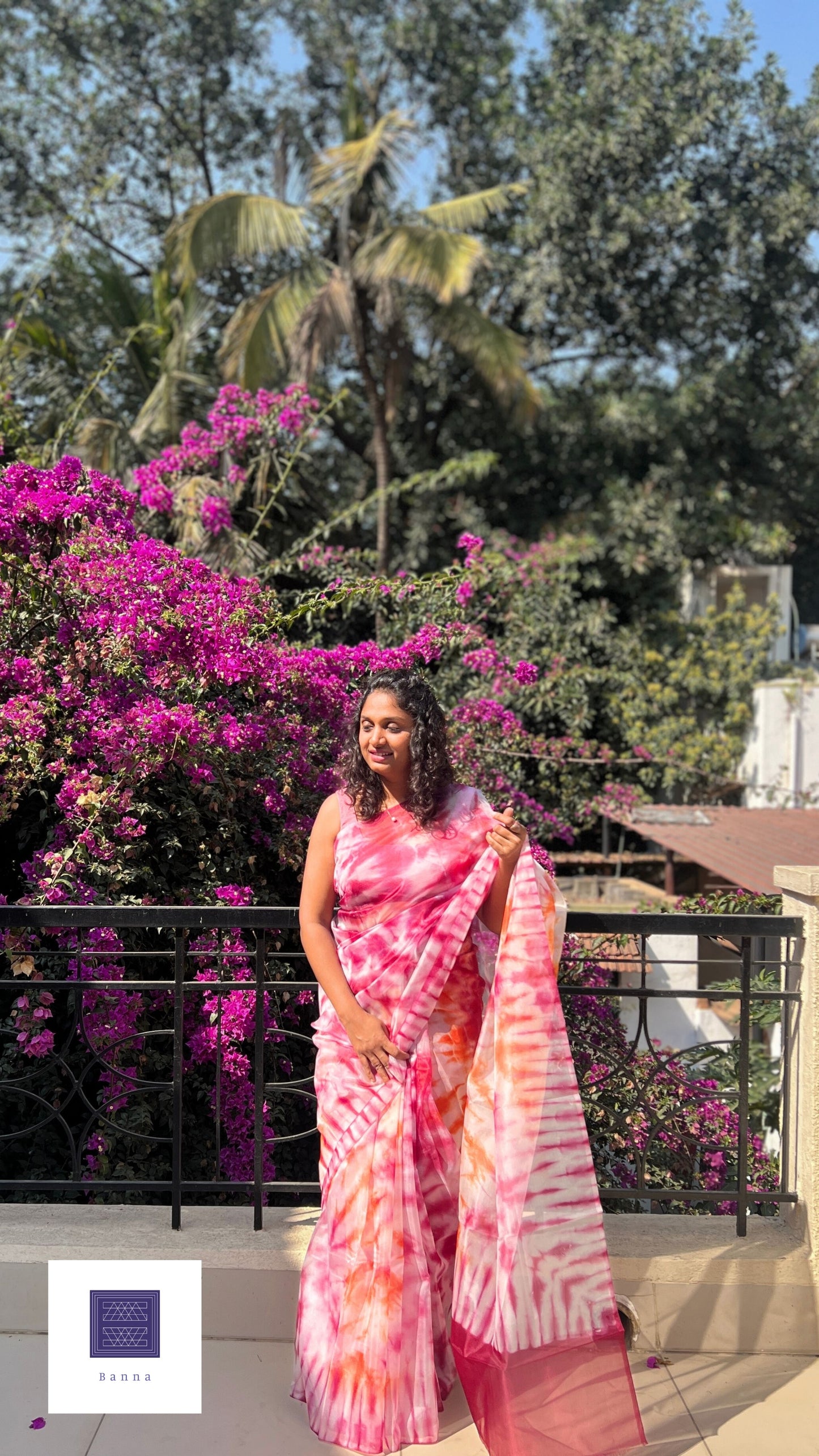 Maroon Cranberry Hibiscus - Banna's signature organza saree