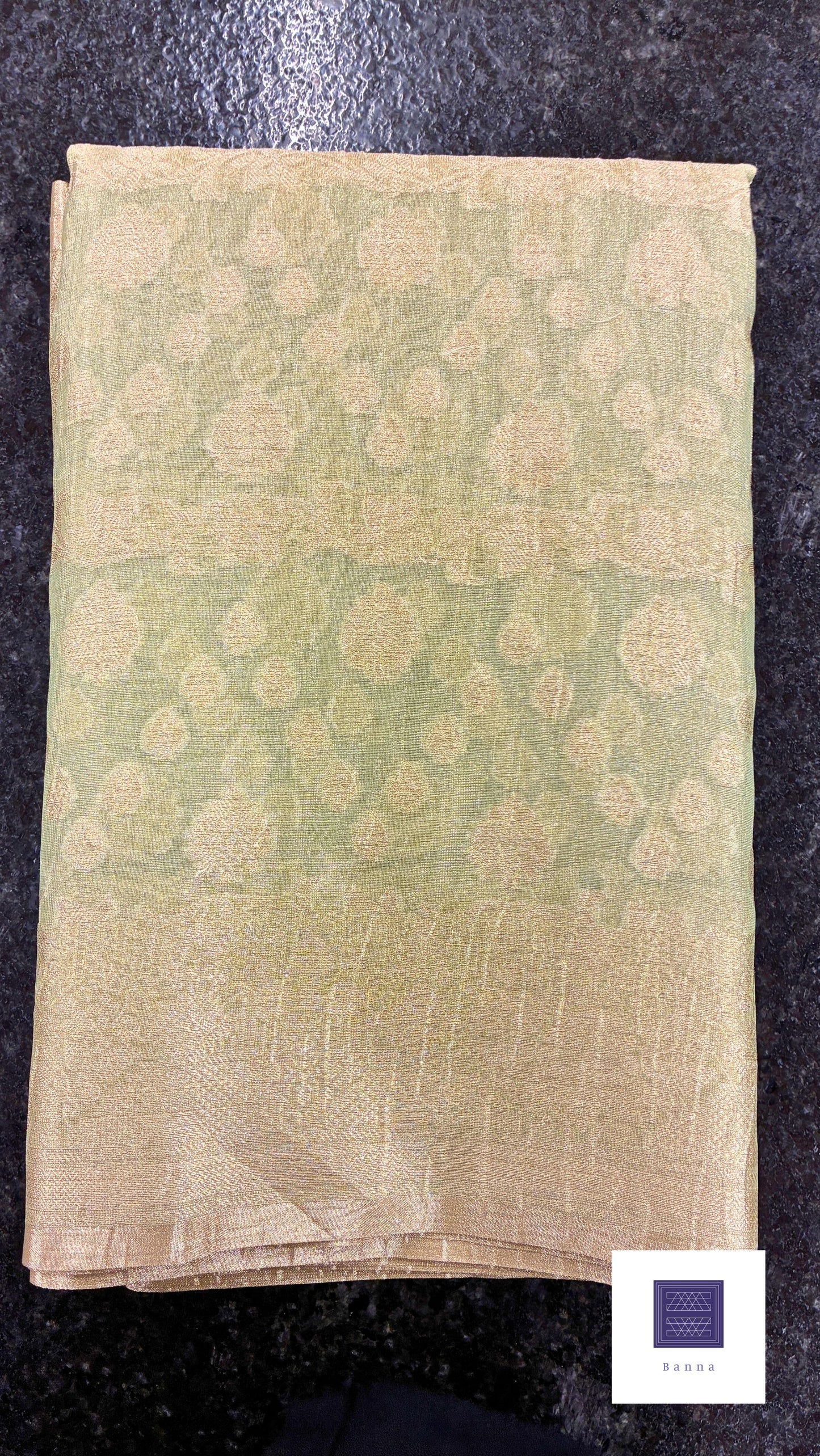 Banarasi Crush Tissue Saree in floral pattern - Pastel Green and Gold