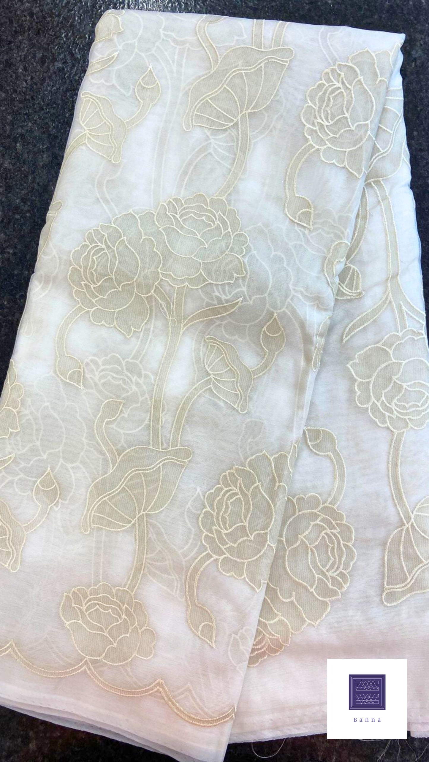 Organza Appliqué Floral Saree - Cream