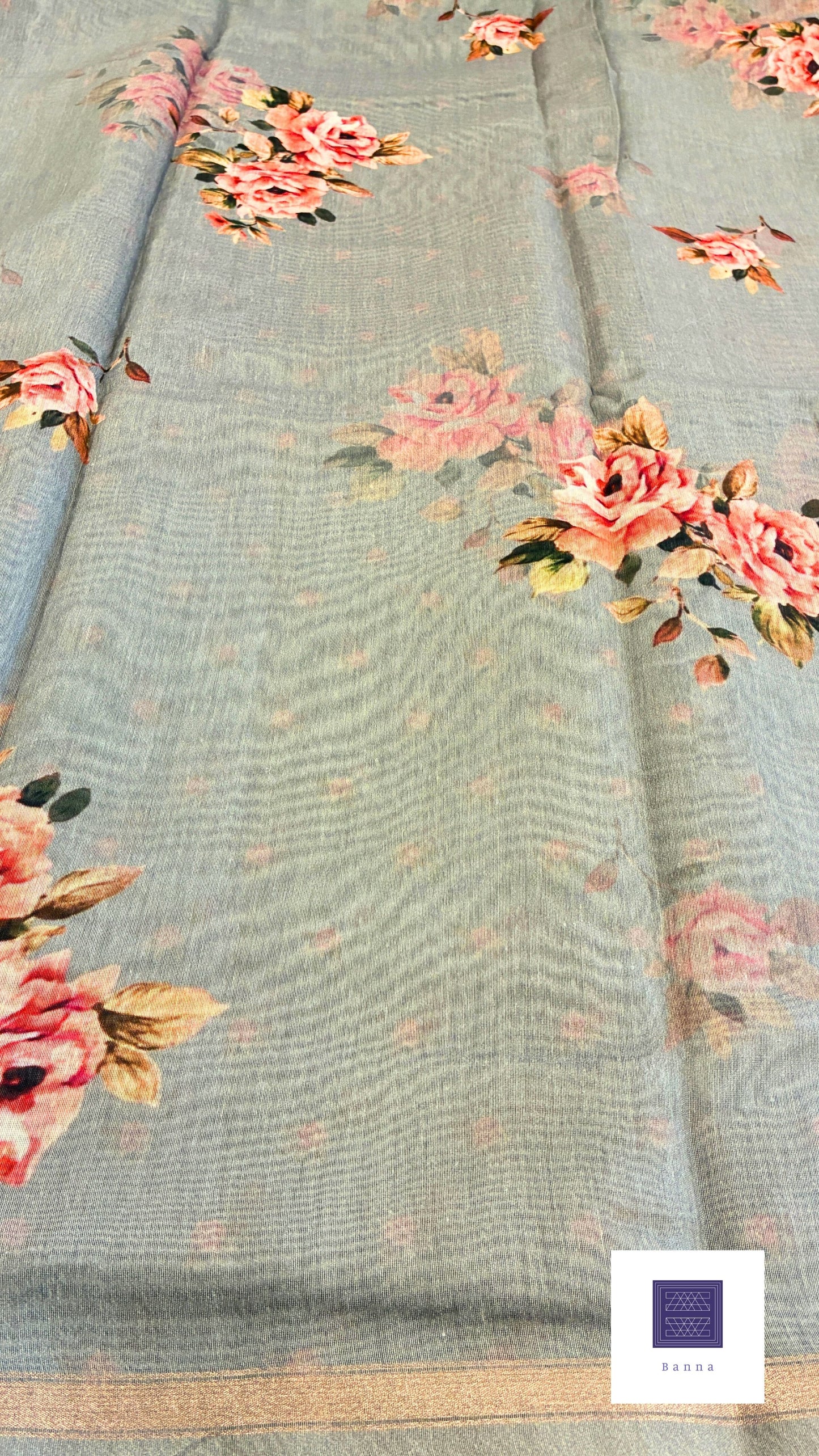 Cotton floral prints saree - Light gray