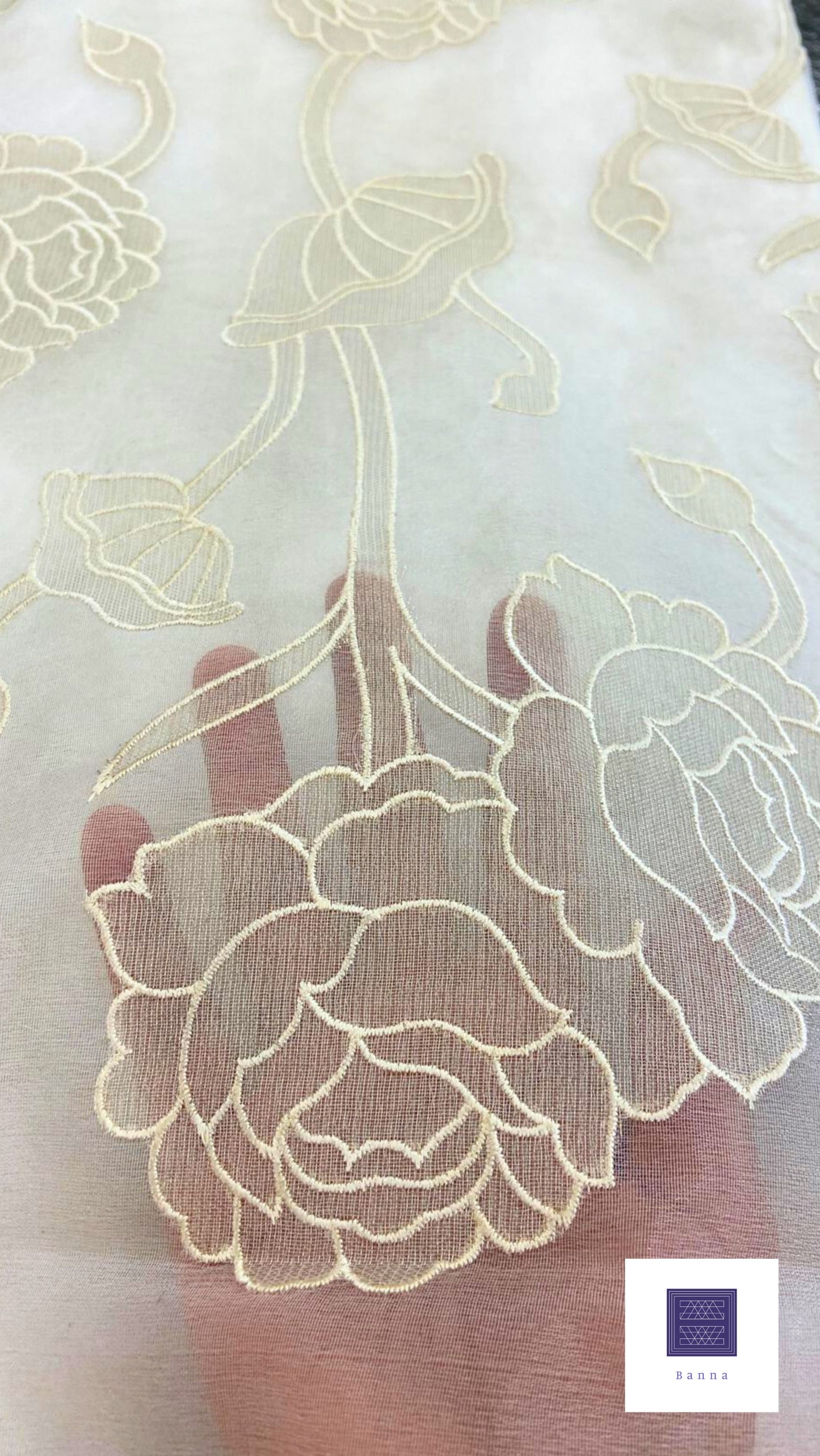 Organza Appliqué Floral Saree - Cream