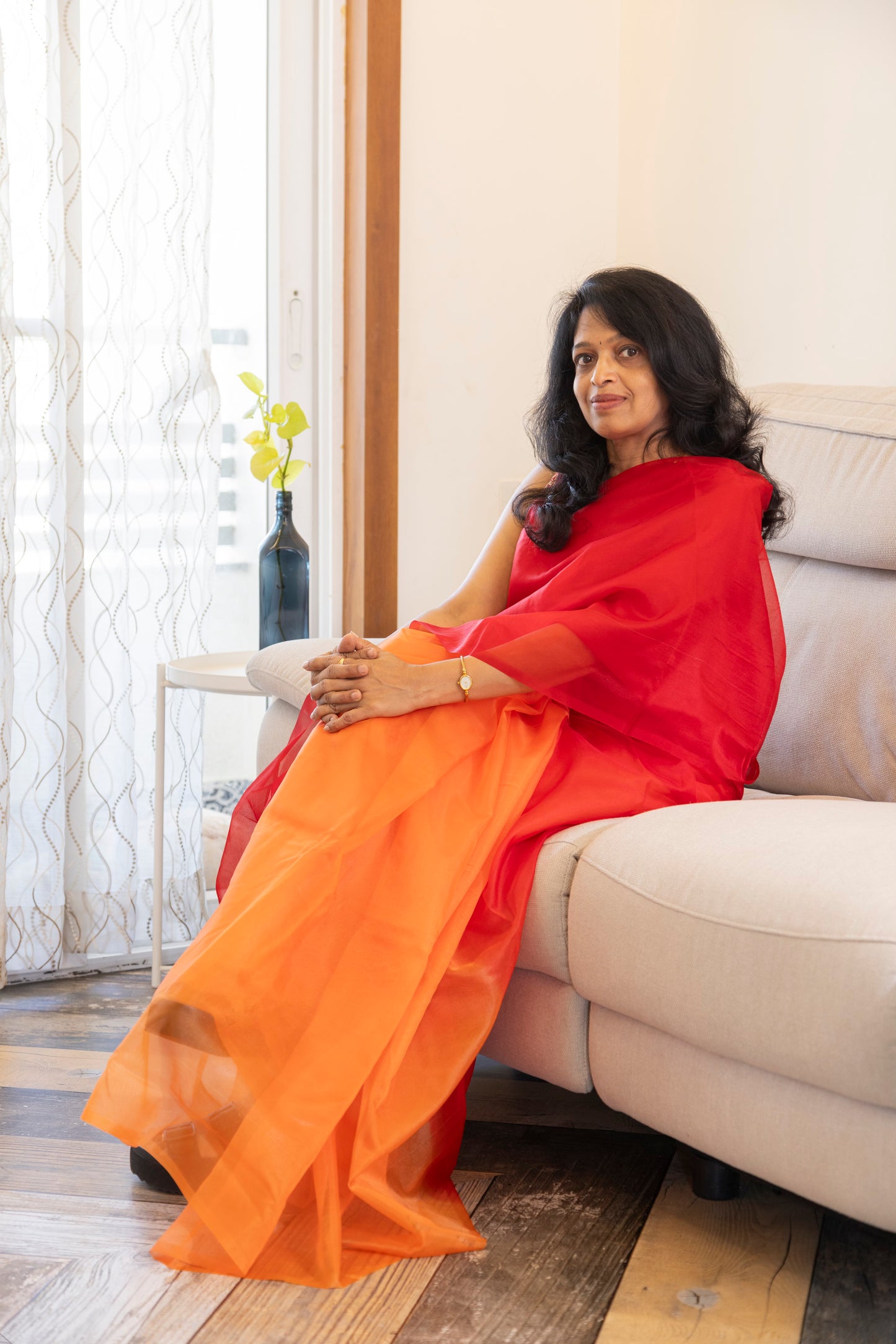Hand in Hand - Red and Orange organza saree