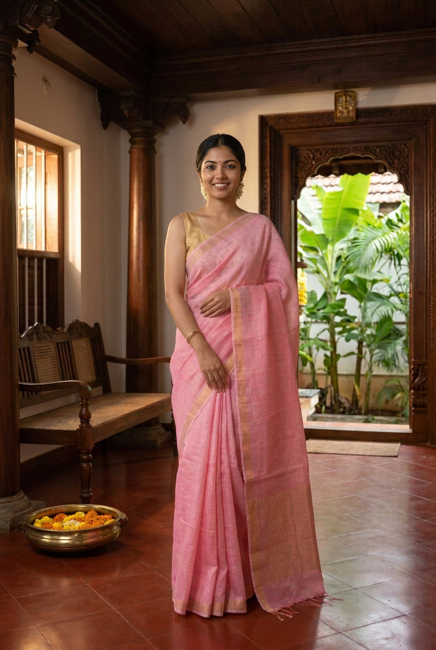 Pure Linen Silk Saree - Baby Pink