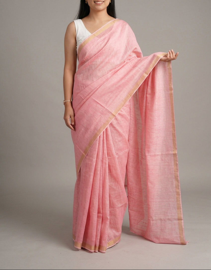 Pure Linen Silk Saree - Baby Pink