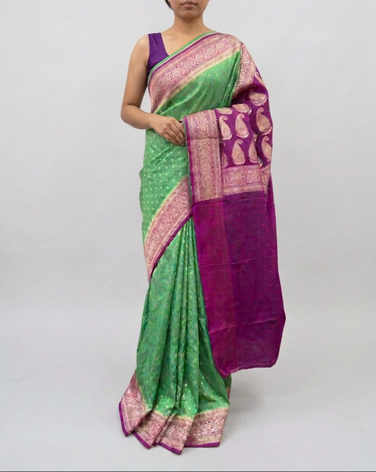 Banarasi Khaddi semi georgette Saree - Classic Combination in Green and Purple