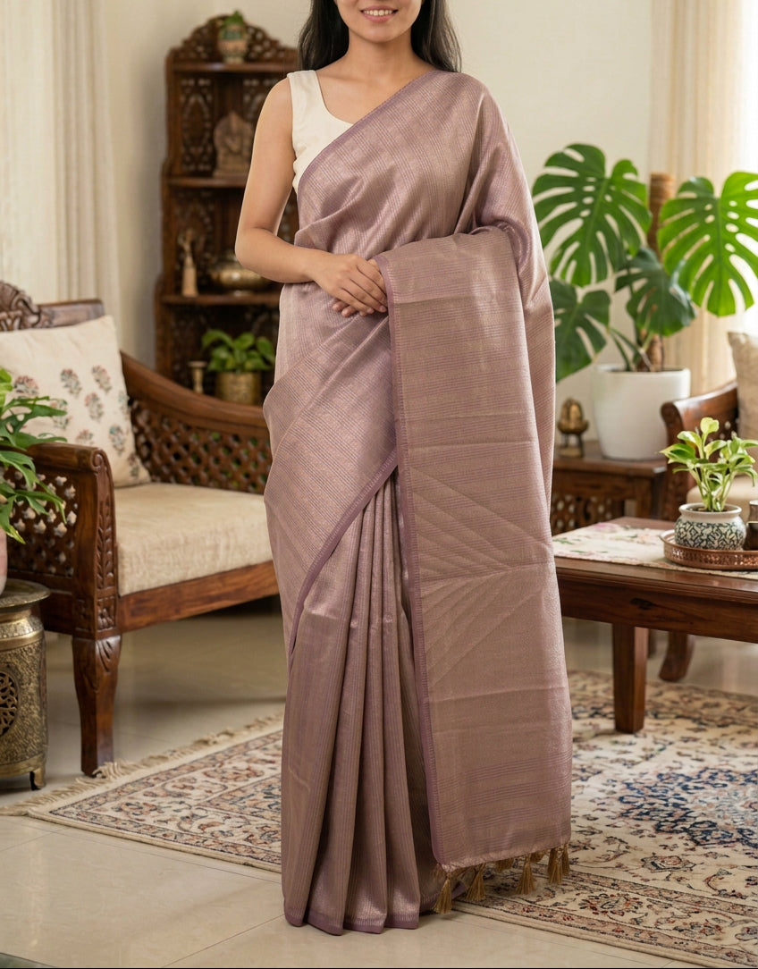 Tissue Saree - Onion color with vertical lines