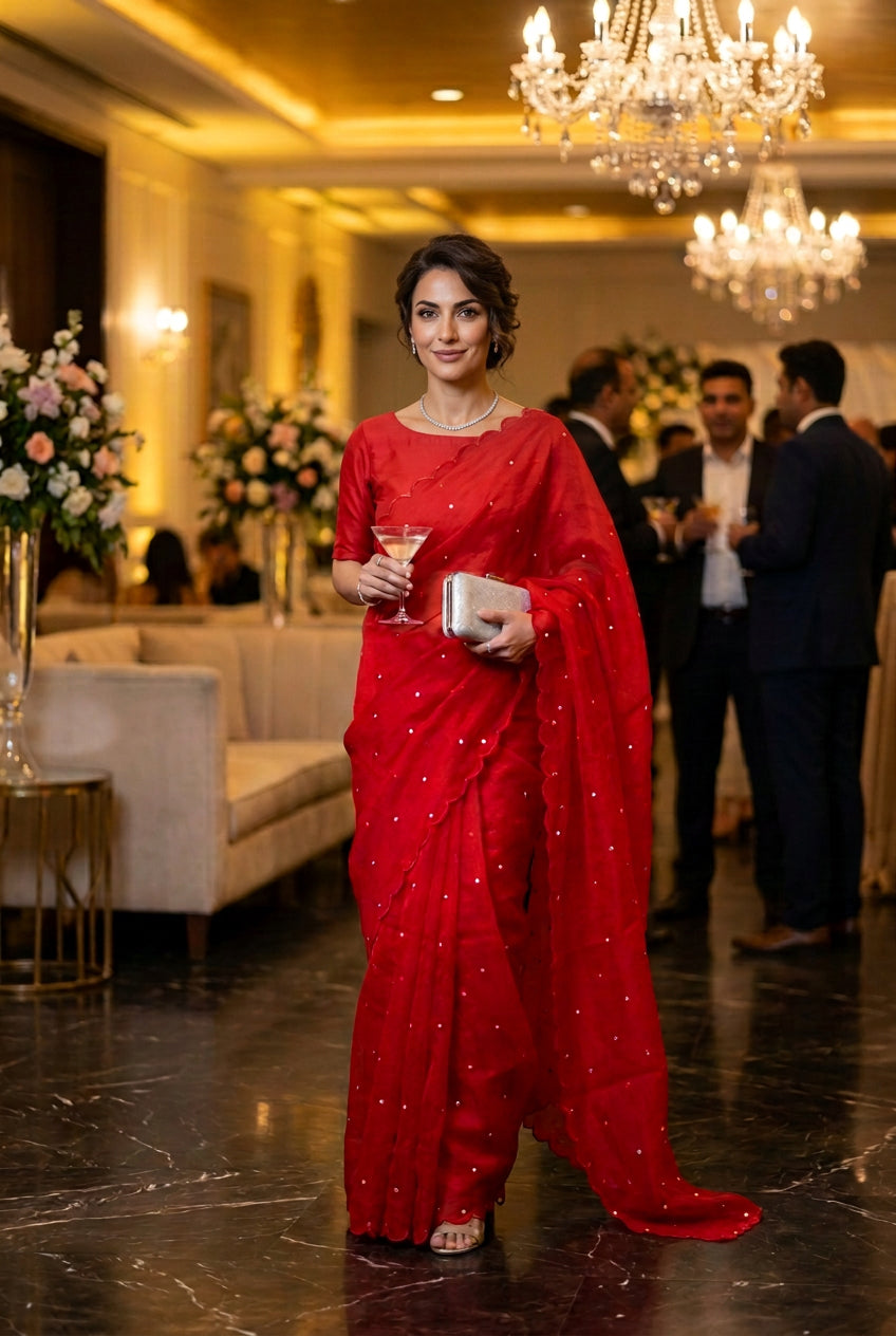 Pure Organza Silk with mirror work - Red, a party saree