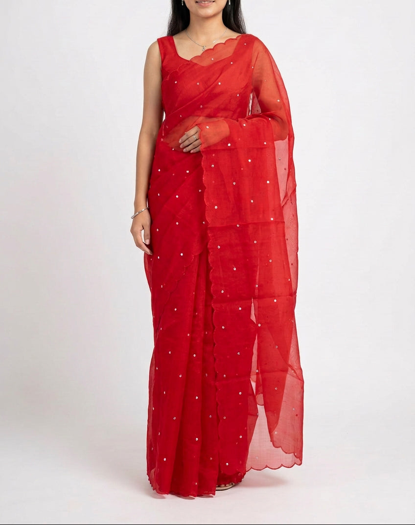 Pure Organza Silk with mirror work - Red, a party saree
