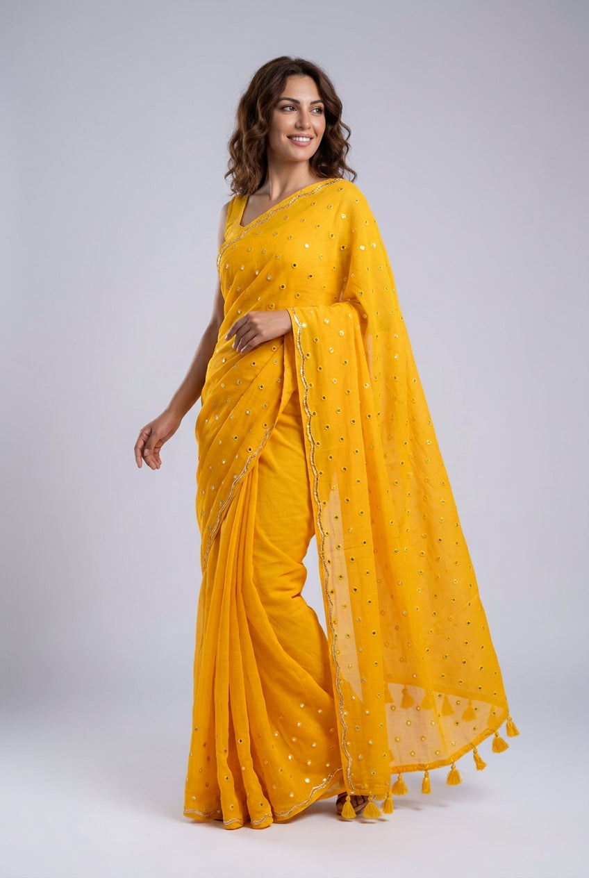Soft Mul Cotton saree with mirror work and scallop - Bright Yellow