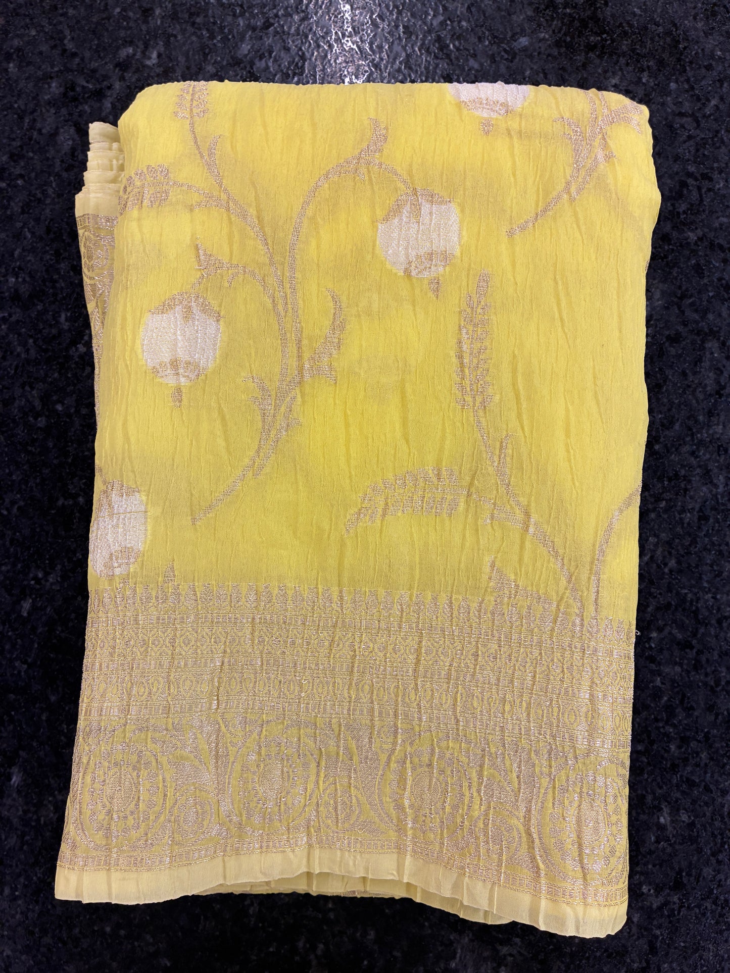 Banarasi Crush Cotton Saree - Neon Yellow