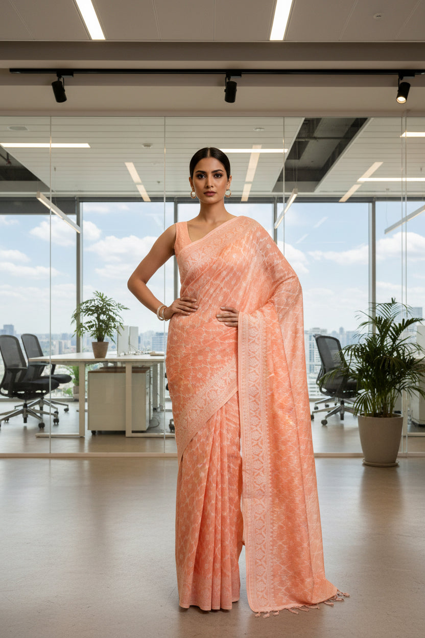 Jamdhani Cotton Saree with Silk thread work (Resham) - Peach
