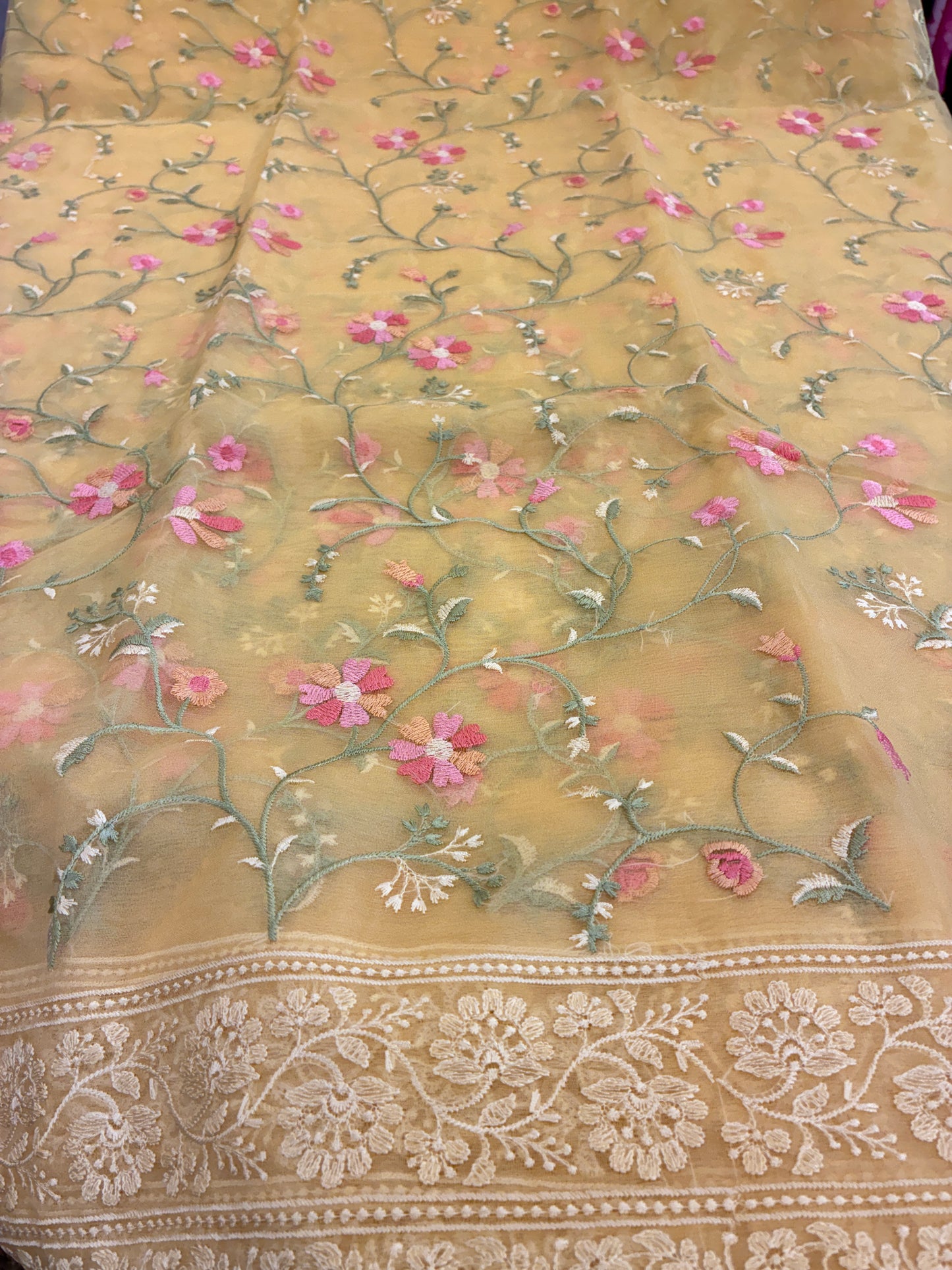 Organza Floral rich embroidery Saree - Pastel Yellow