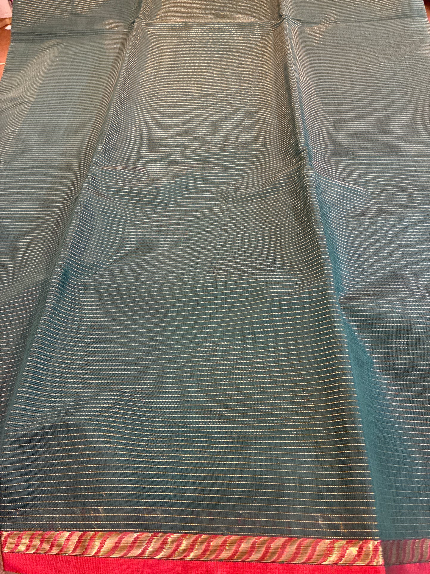 Cotton silk saree - Bottle green and Red