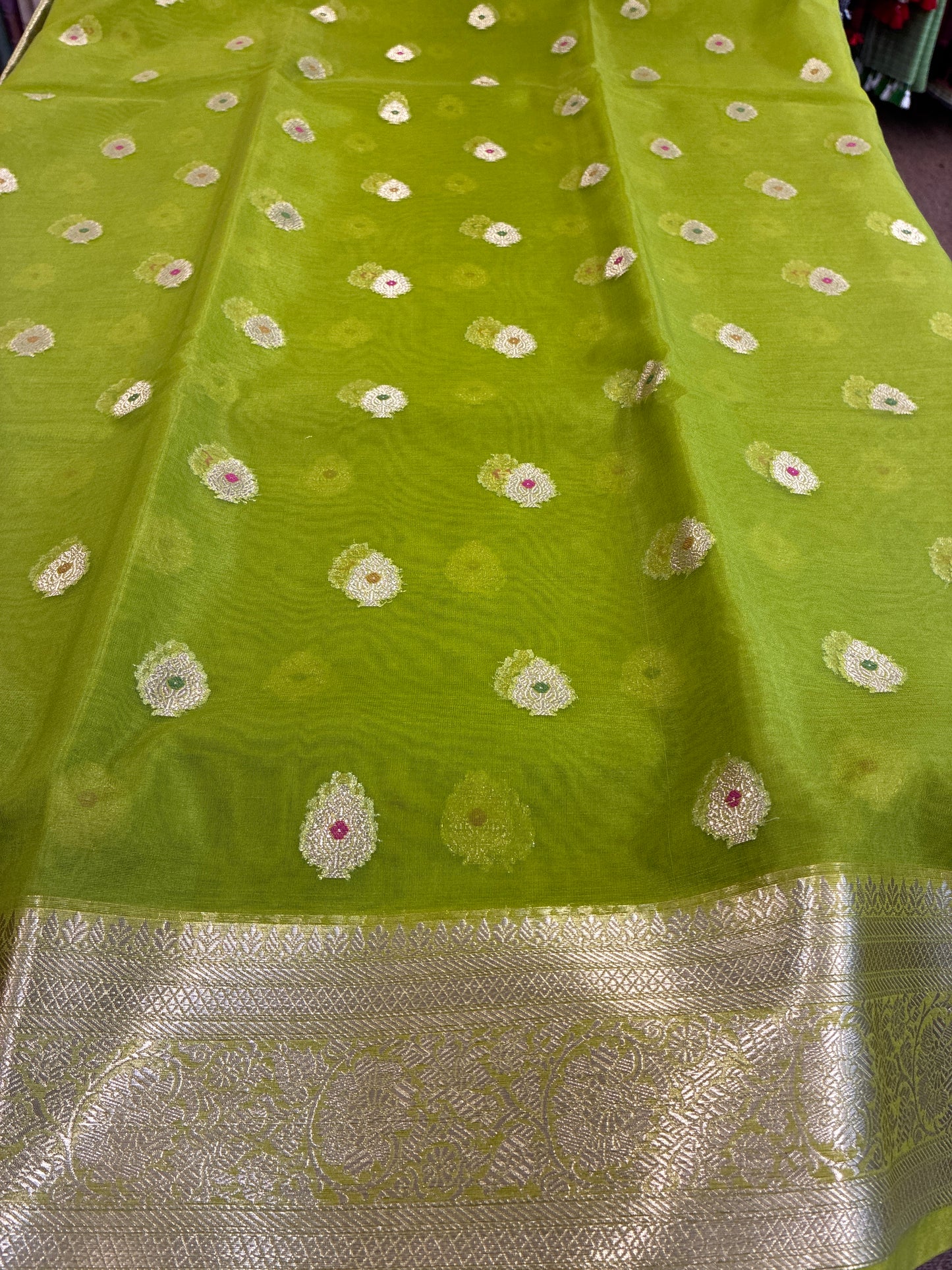 Organza Meena butta saree - Neon Green
