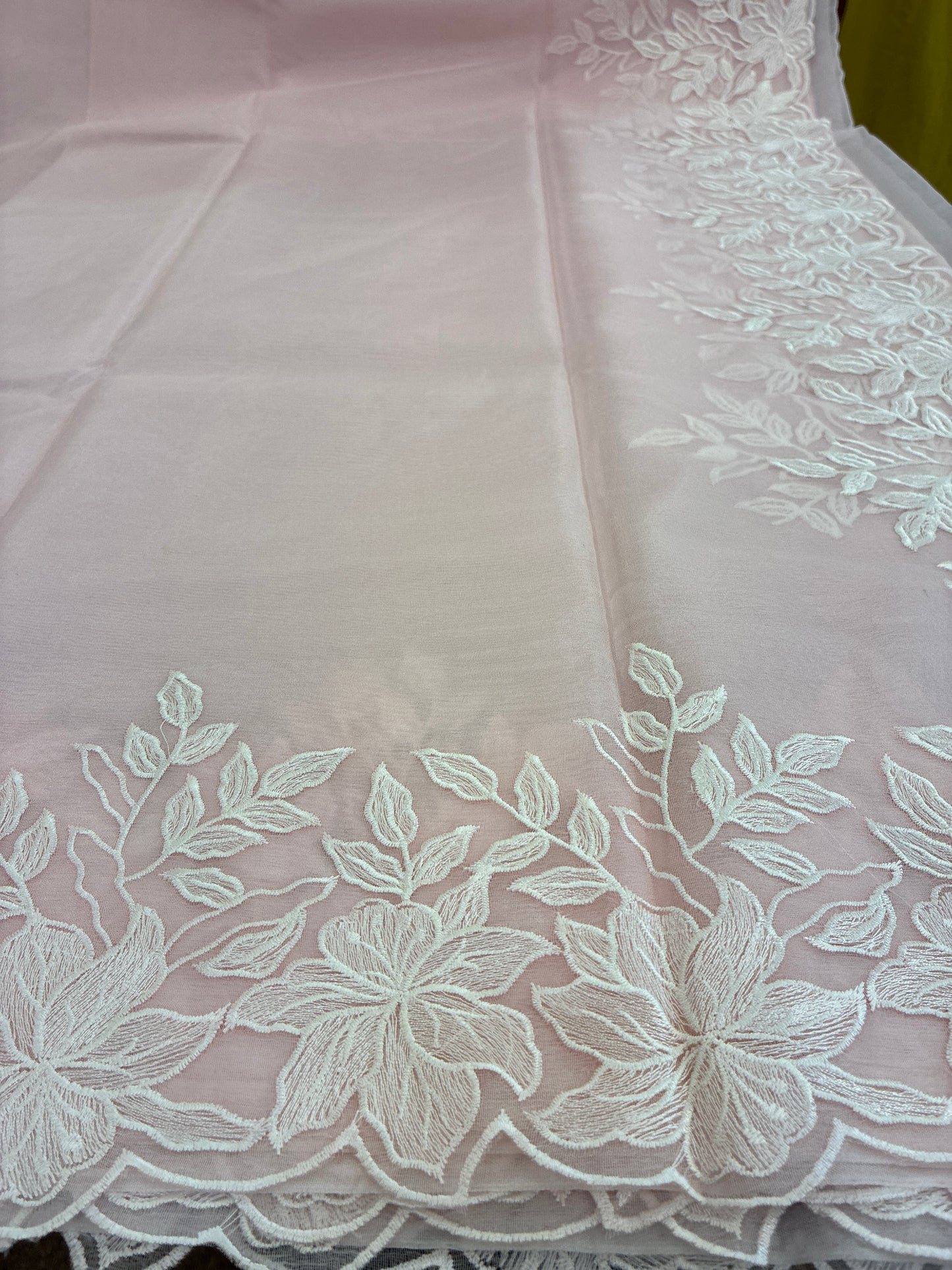 Baby Pink Rose organza saree with cut work - Baby Pink