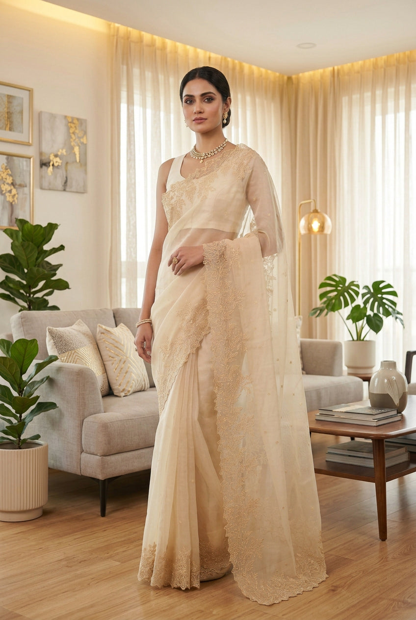 Pastel Beige cut work and embroidery floral Saree