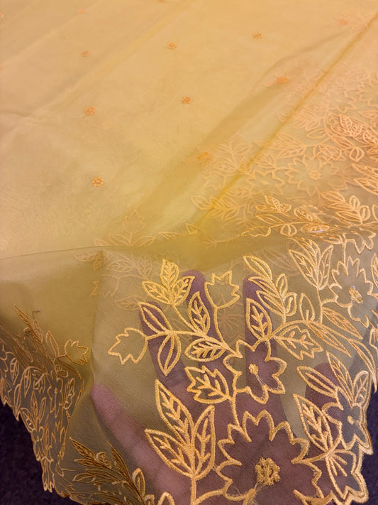 Yellow cut work and embroidery floral Saree