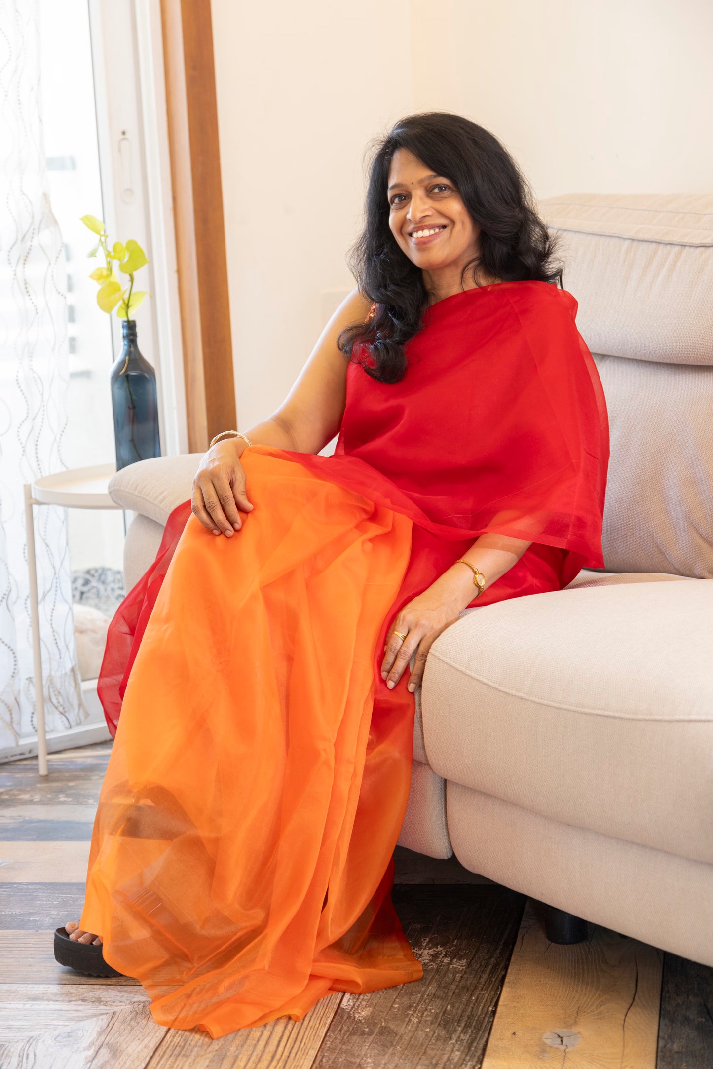 Hand in Hand - Red and Orange organza saree