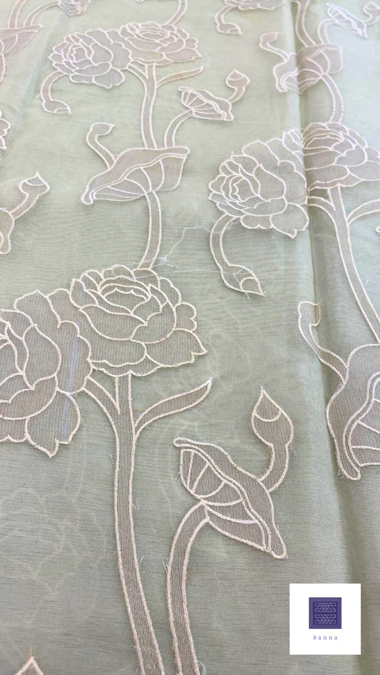 Organza Appliqué Floral Saree - Pastel Pista